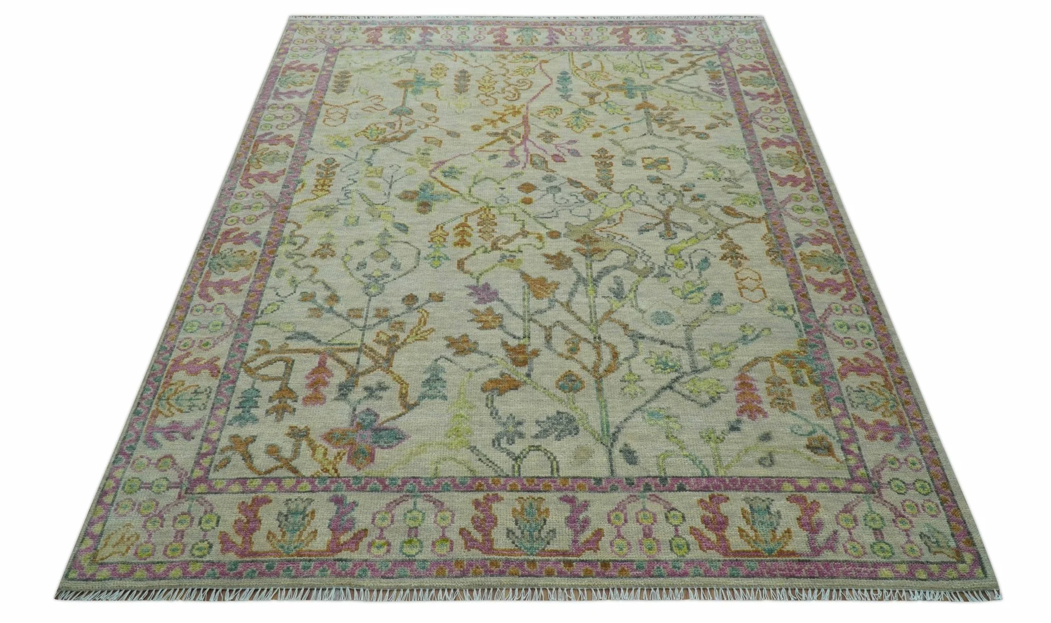 The Plants and Roots Ivory and Pink Hand Knotted Traditional Custom Made Wool Rug - Image 2