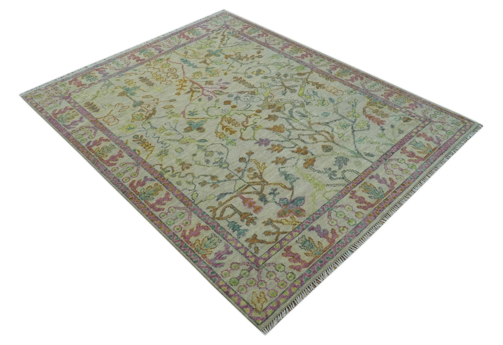 The Plants and Roots Ivory and Pink Hand Knotted Traditional Custom Made Wool Rug - Image 3