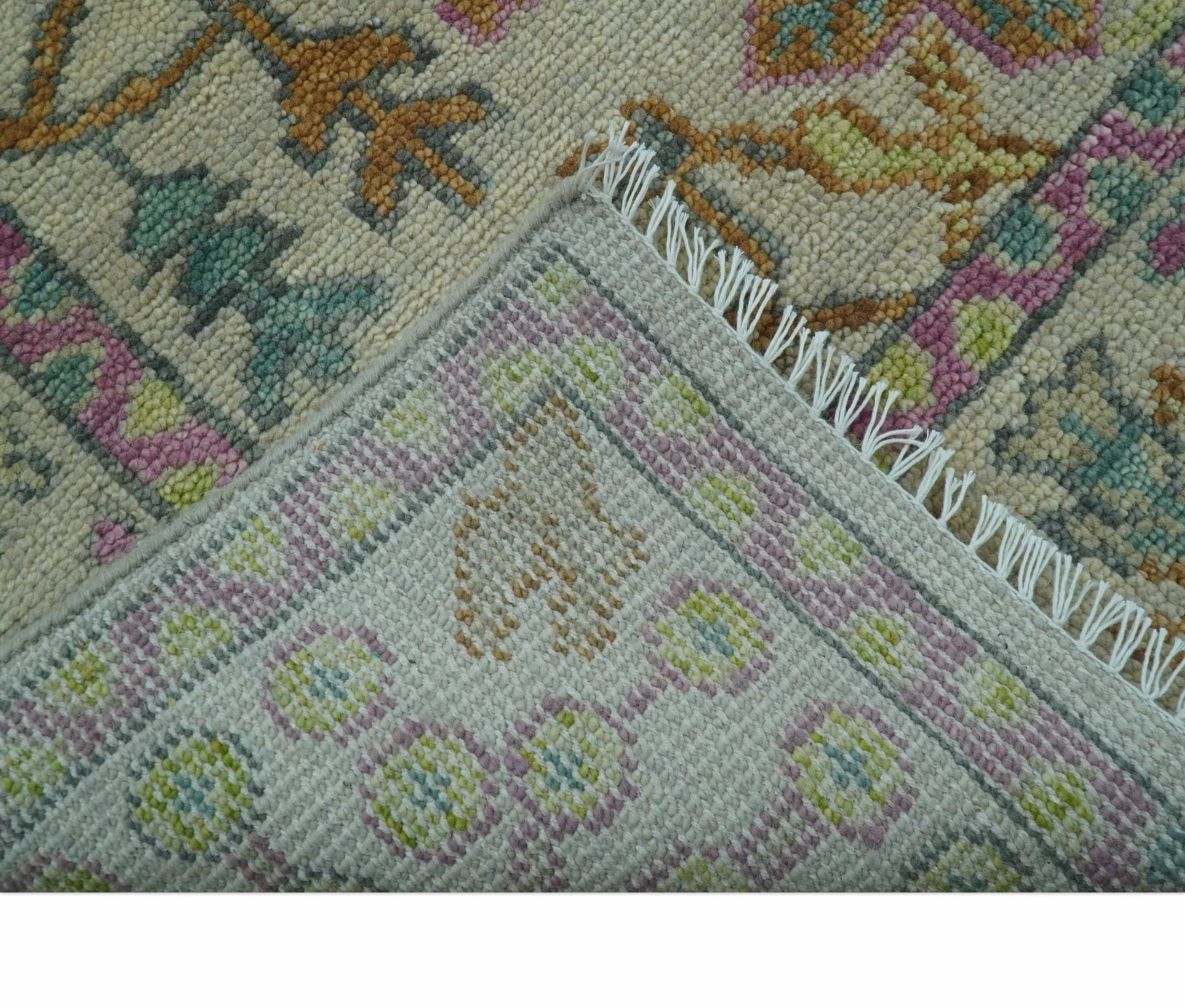 The Plants and Roots Ivory and Pink Hand Knotted Traditional Custom Made Wool Rug - Image 4