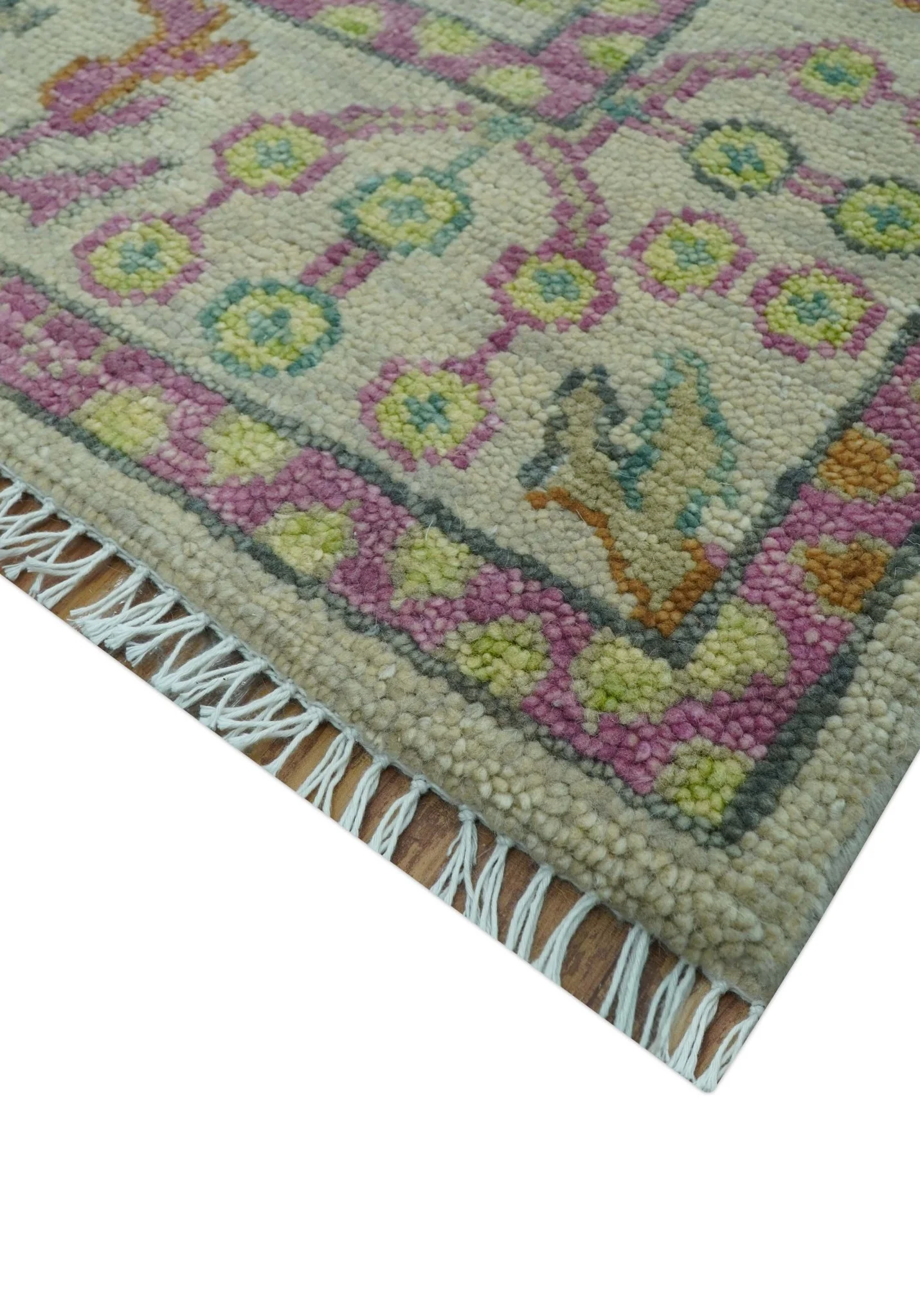 The Plants and Roots Ivory and Pink Hand Knotted Traditional Custom Made Wool Rug - Image 5