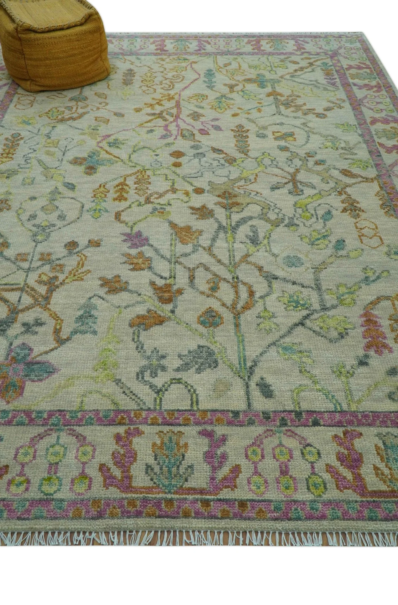 The Plants and Roots Ivory and Pink Hand Knotted Traditional Custom Made Wool Rug - Image 9