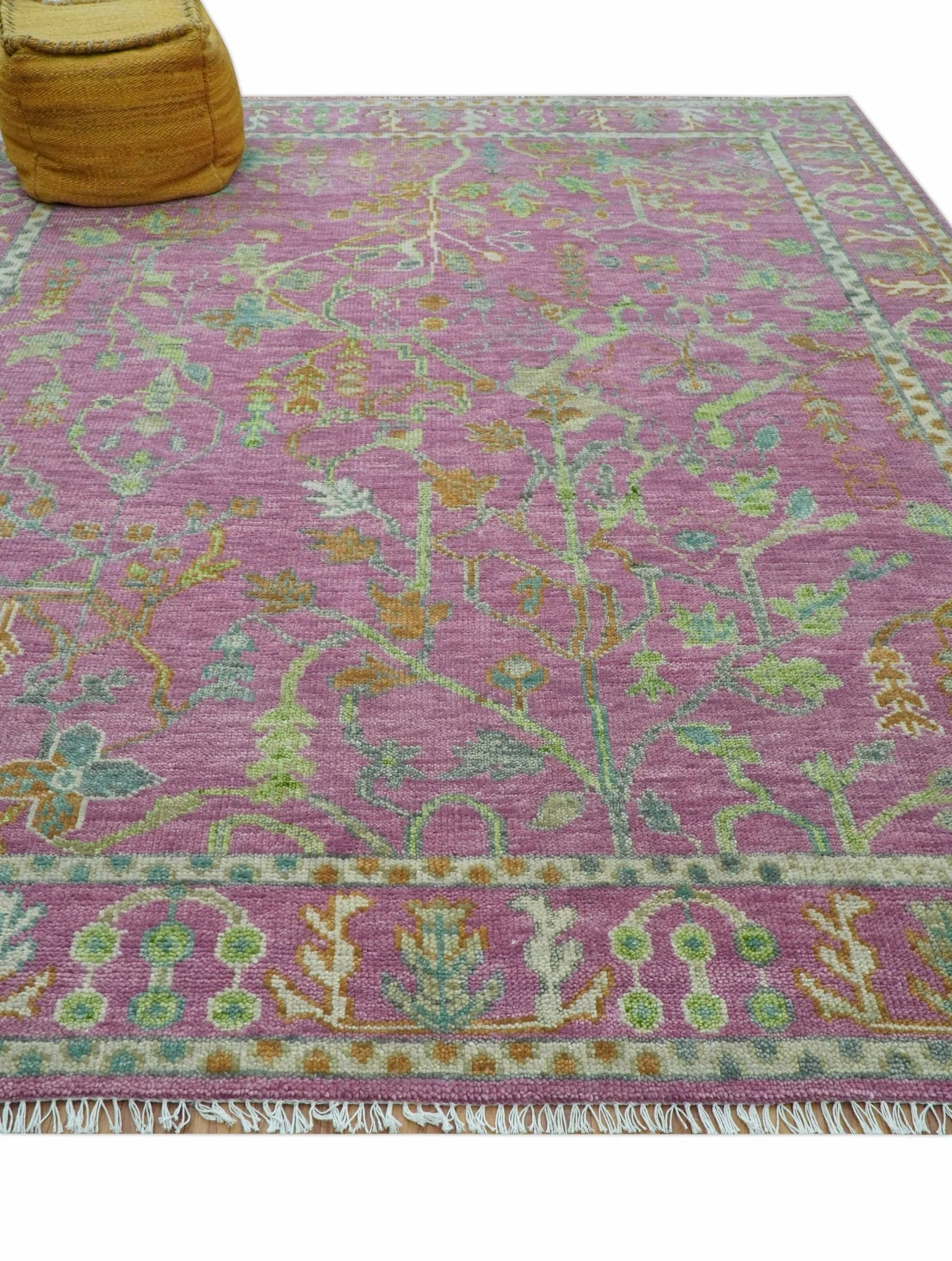 The Plants and Roots Pink and Green Hand Knotted Traditional Custom Made Wool Rug - Image 11