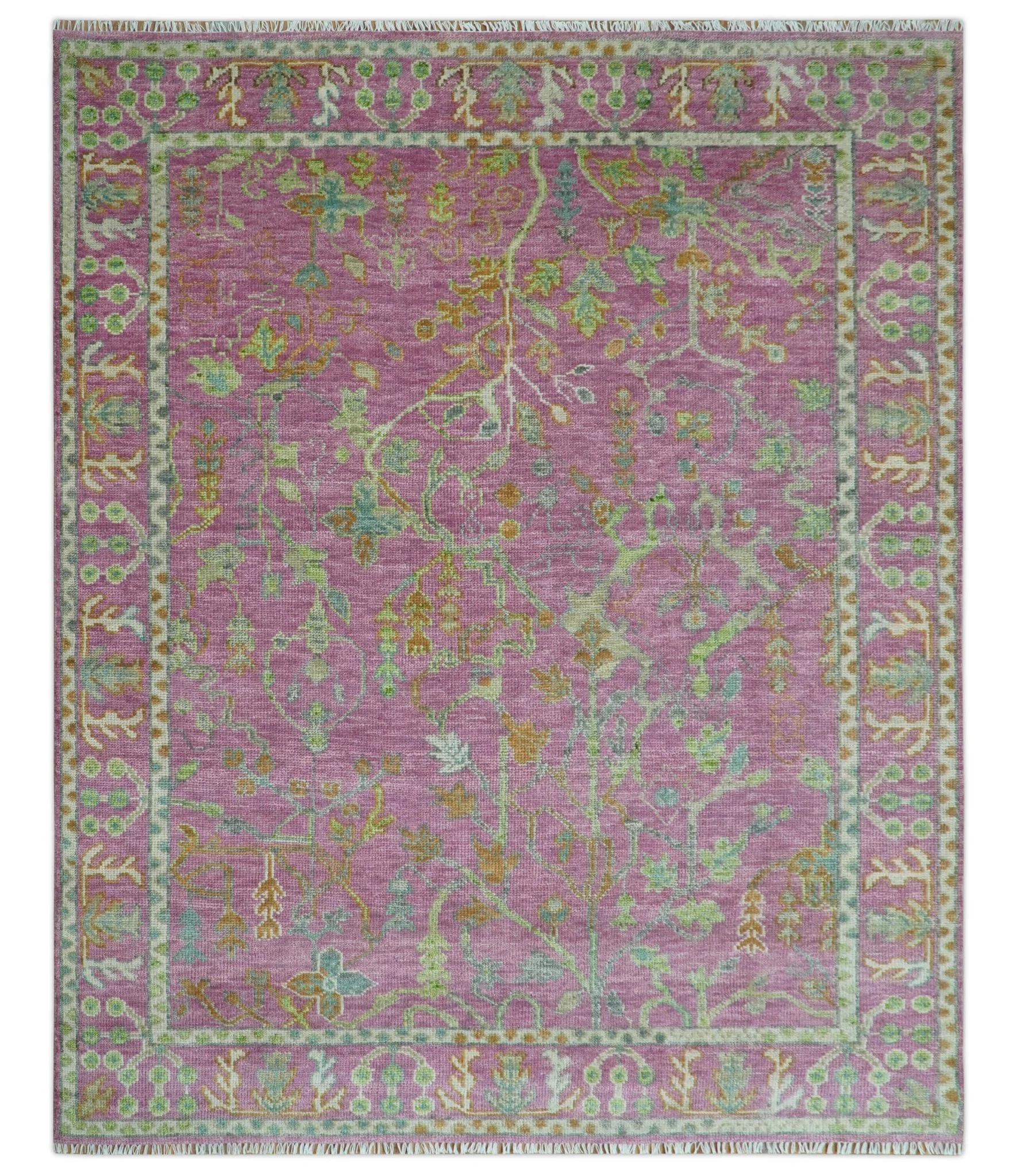 The Plants and Roots Pink and Green Hand Knotted Traditional Custom Made Wool Rug - Image 2