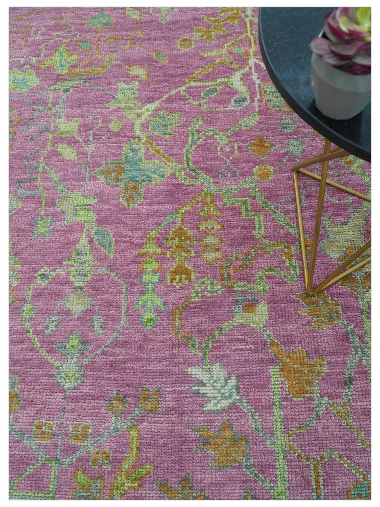 The Plants and Roots Pink and Green Hand Knotted Traditional Custom Made Wool Rug - Image 3