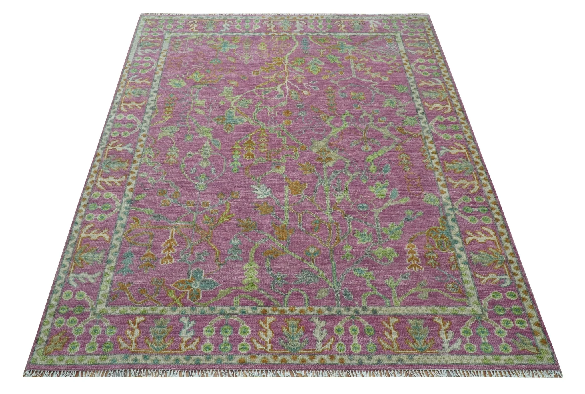 The Plants and Roots Pink and Green Hand Knotted Traditional Custom Made Wool Rug - Image 4