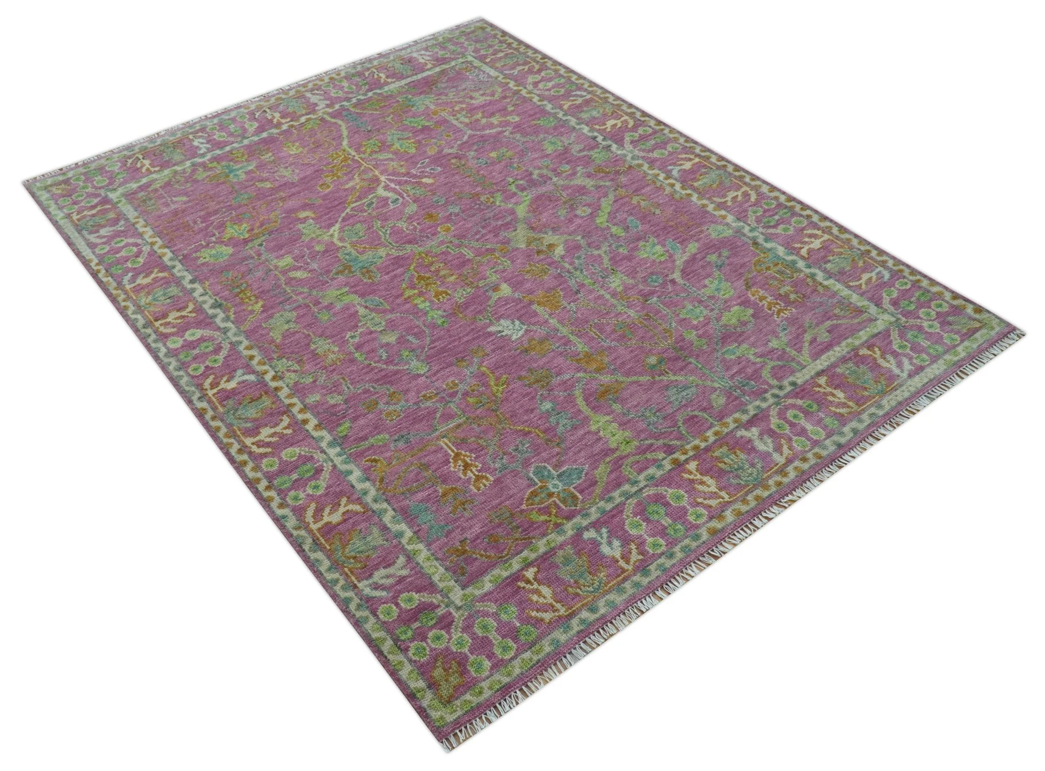 The Plants and Roots Pink and Green Hand Knotted Traditional Custom Made Wool Rug - Image 5