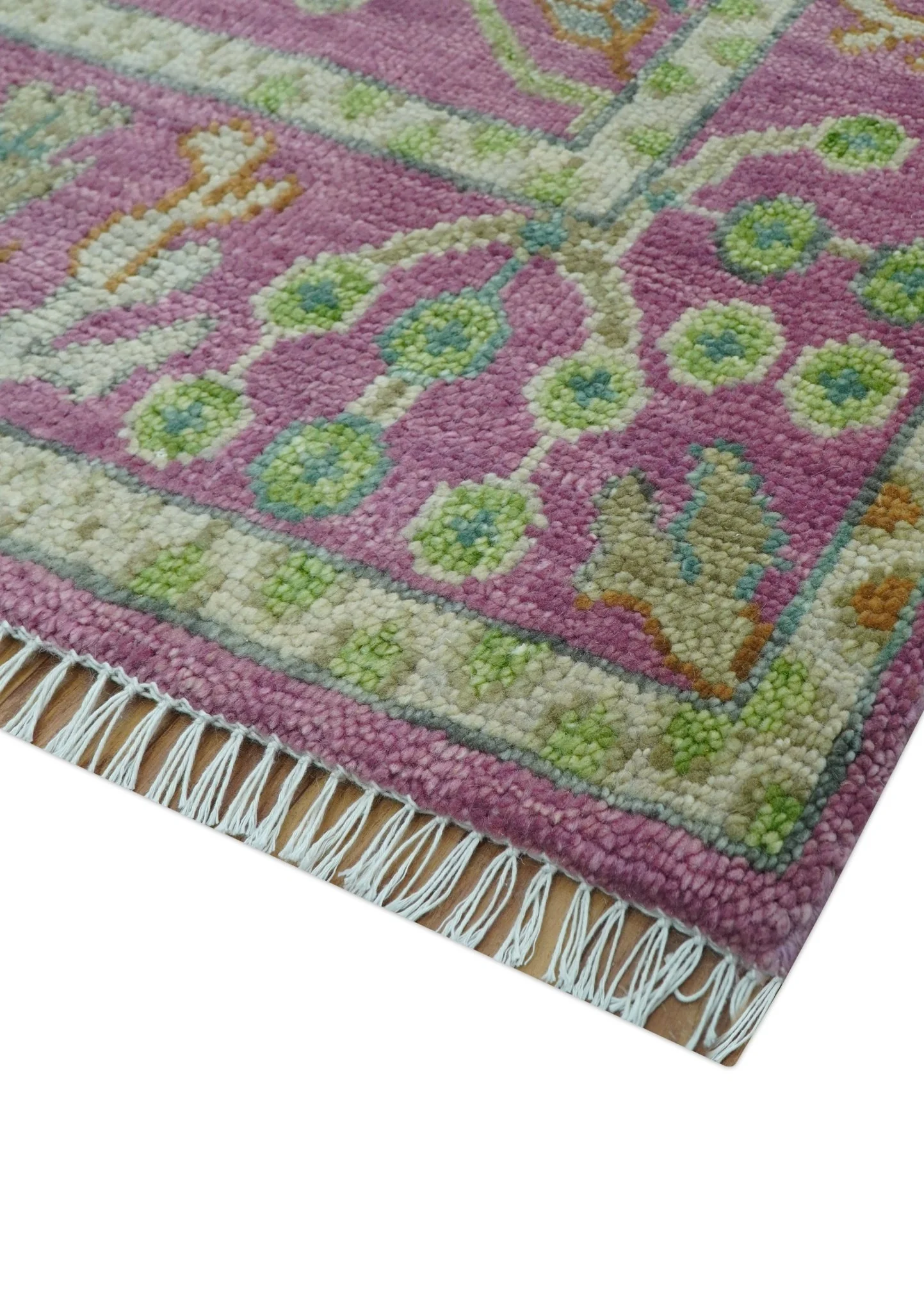 The Plants and Roots Pink and Green Hand Knotted Traditional Custom Made Wool Rug - Image 7