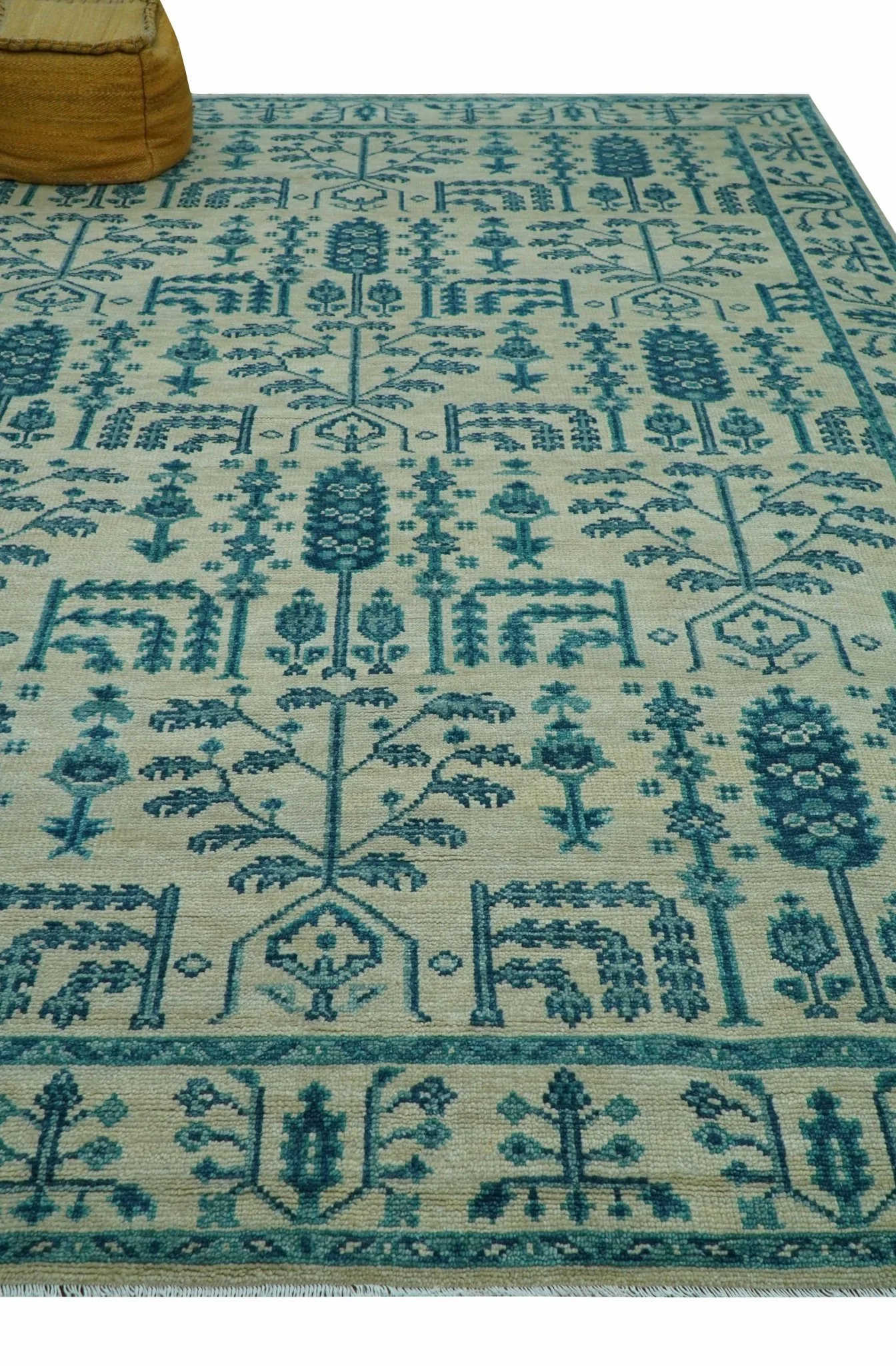Custom Made Traditional Tree of Life Teal And Ivory Hand Knotted Wool Rug - Image 10
