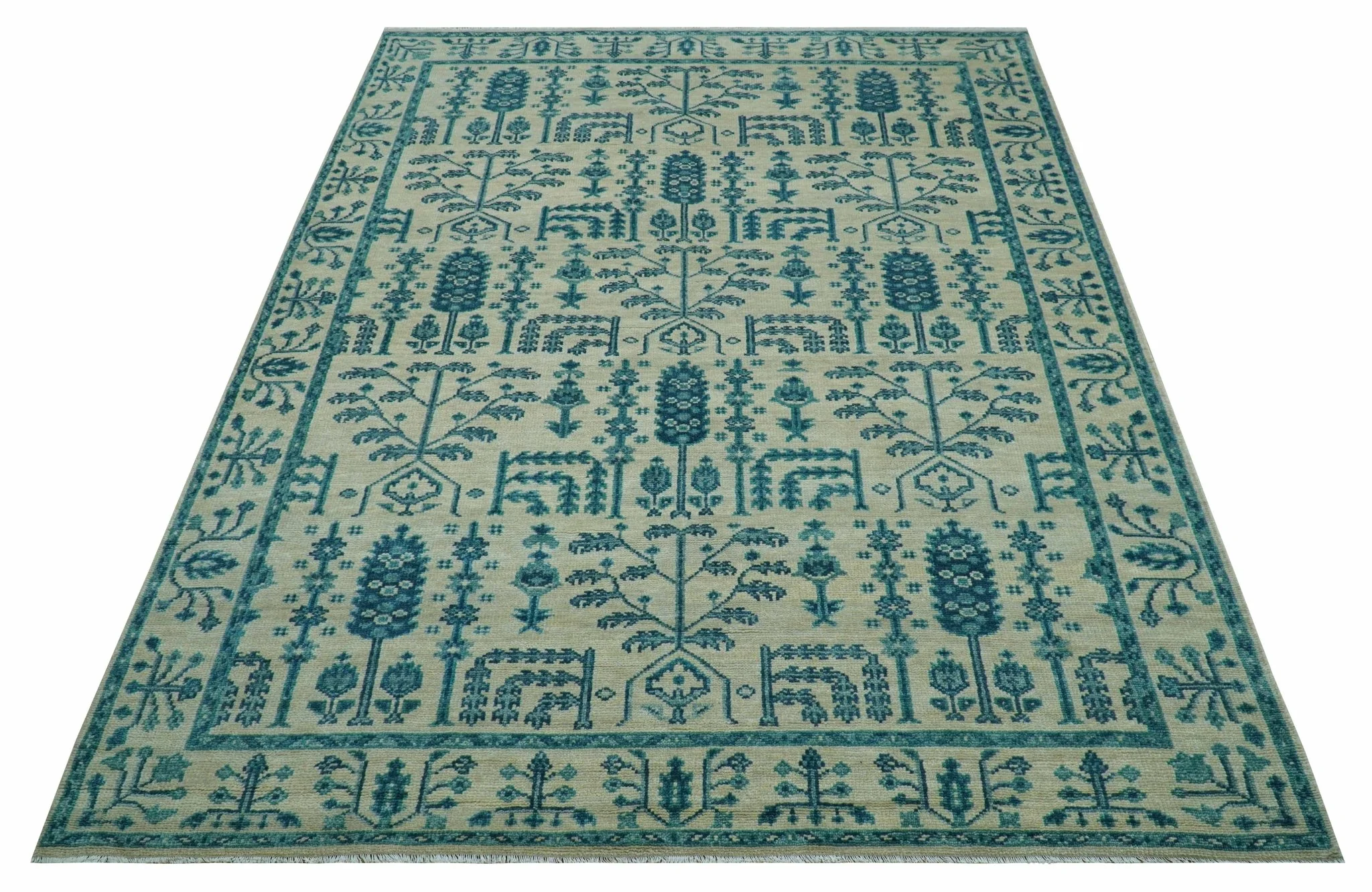 Custom Made Traditional Tree of Life Teal And Ivory Hand Knotted Wool Rug - Image 11