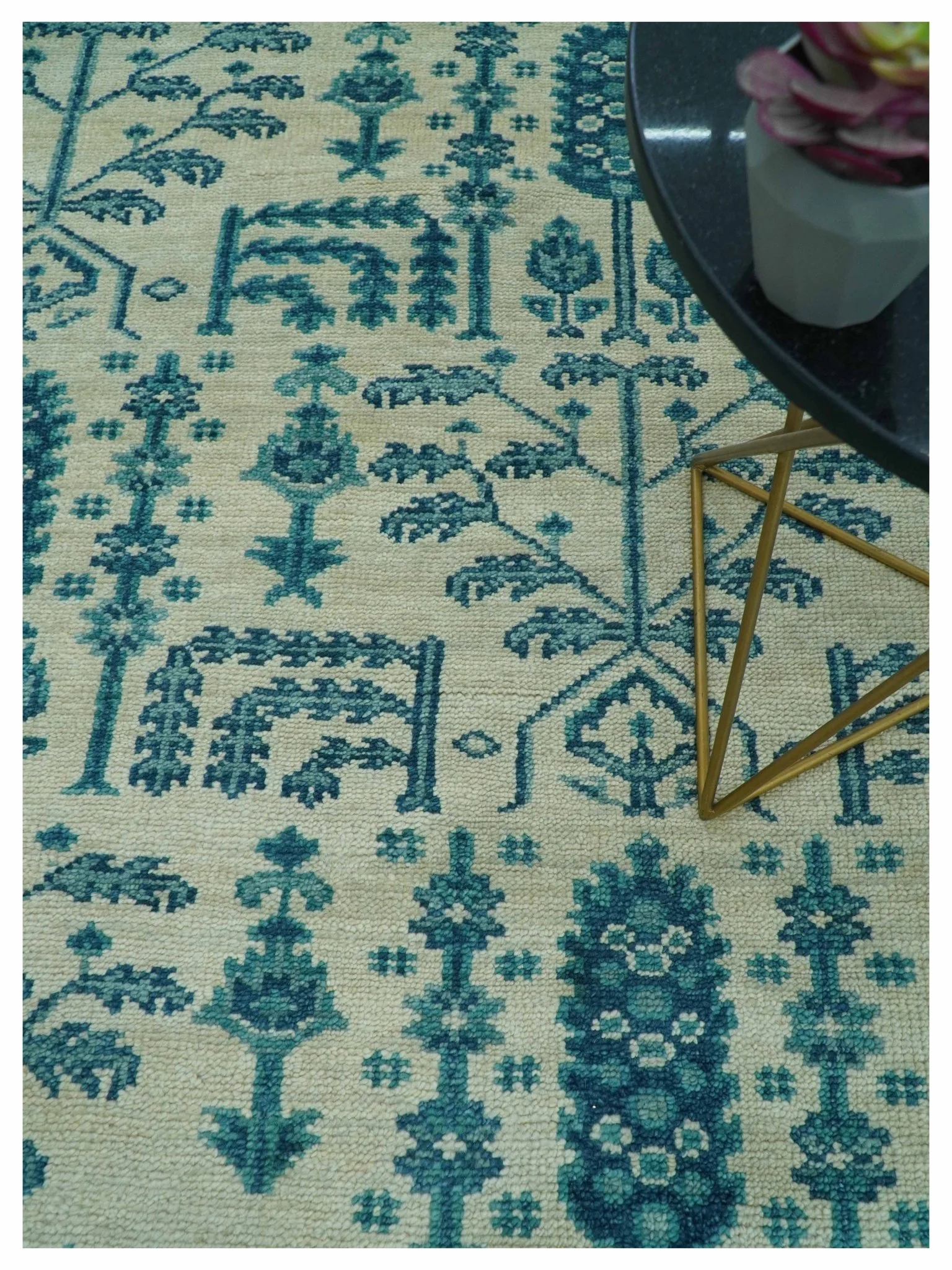 Custom Made Traditional Tree of Life Teal And Ivory Hand Knotted Wool Rug - Image 3
