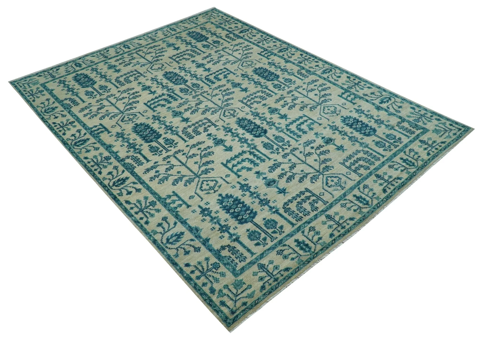 Custom Made Traditional Tree of Life Teal And Ivory Hand Knotted Wool Rug - Image 4