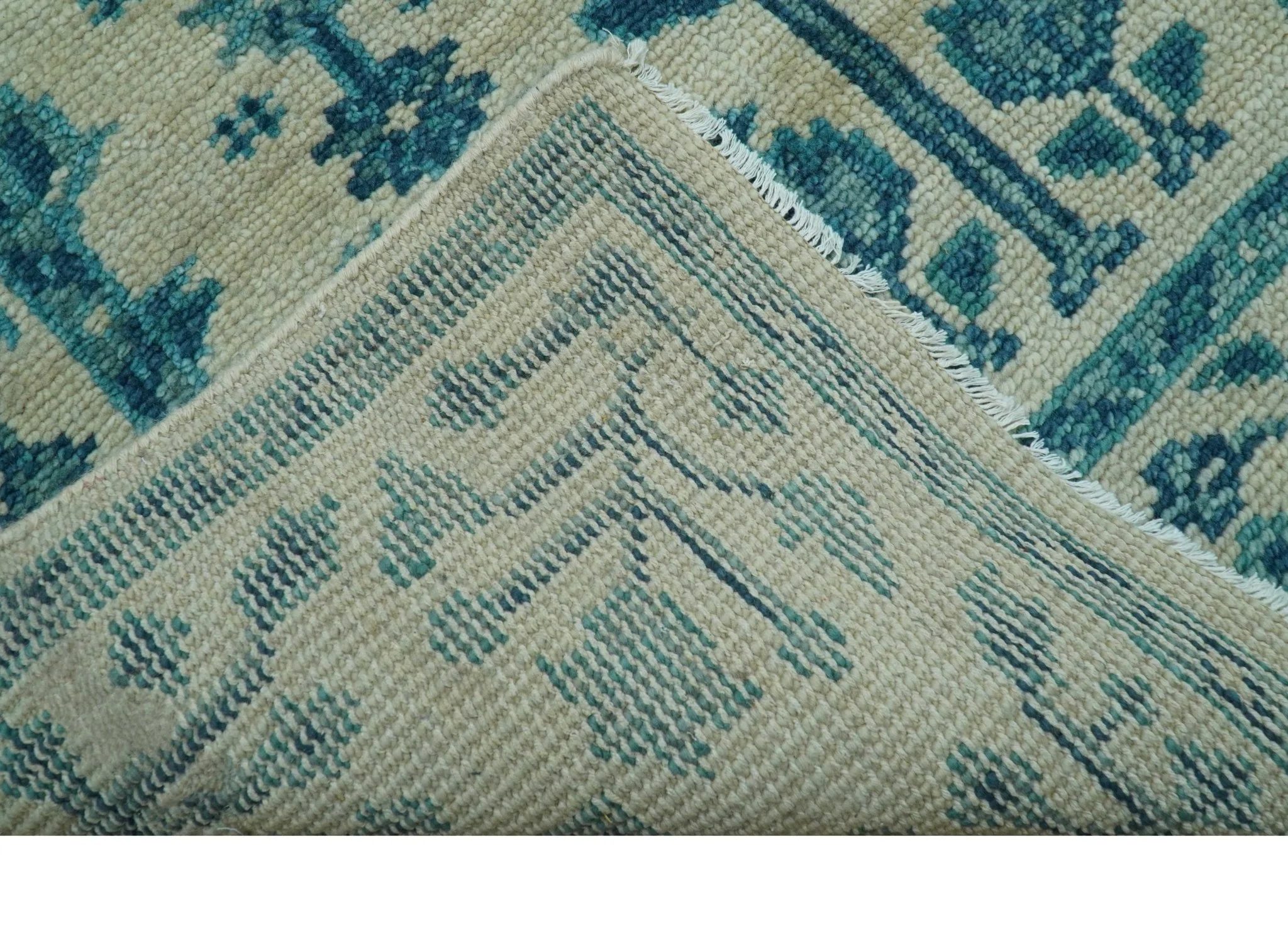 Custom Made Traditional Tree of Life Teal And Ivory Hand Knotted Wool Rug - Image 5