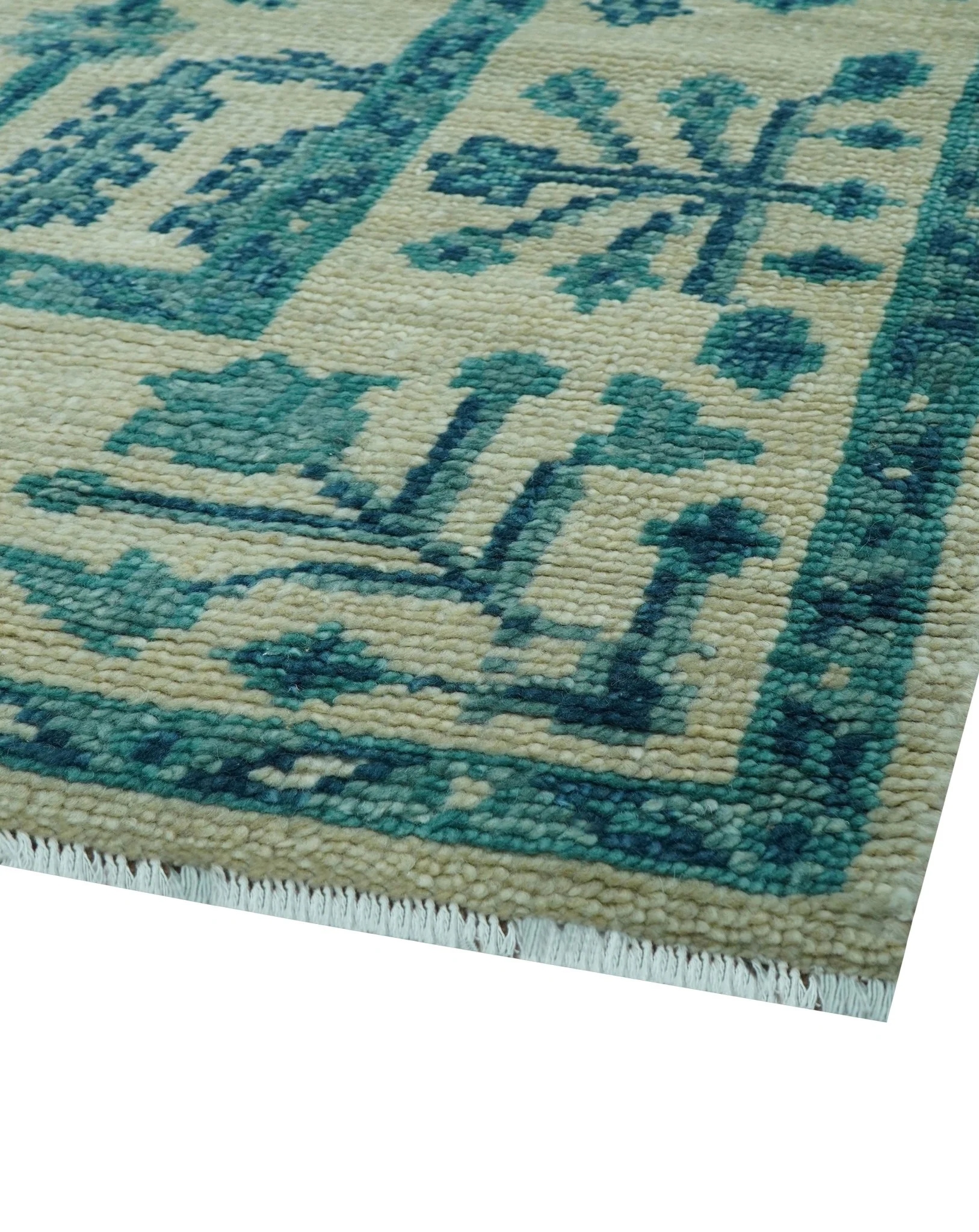 Custom Made Traditional Tree of Life Teal And Ivory Hand Knotted Wool Rug - Image 6