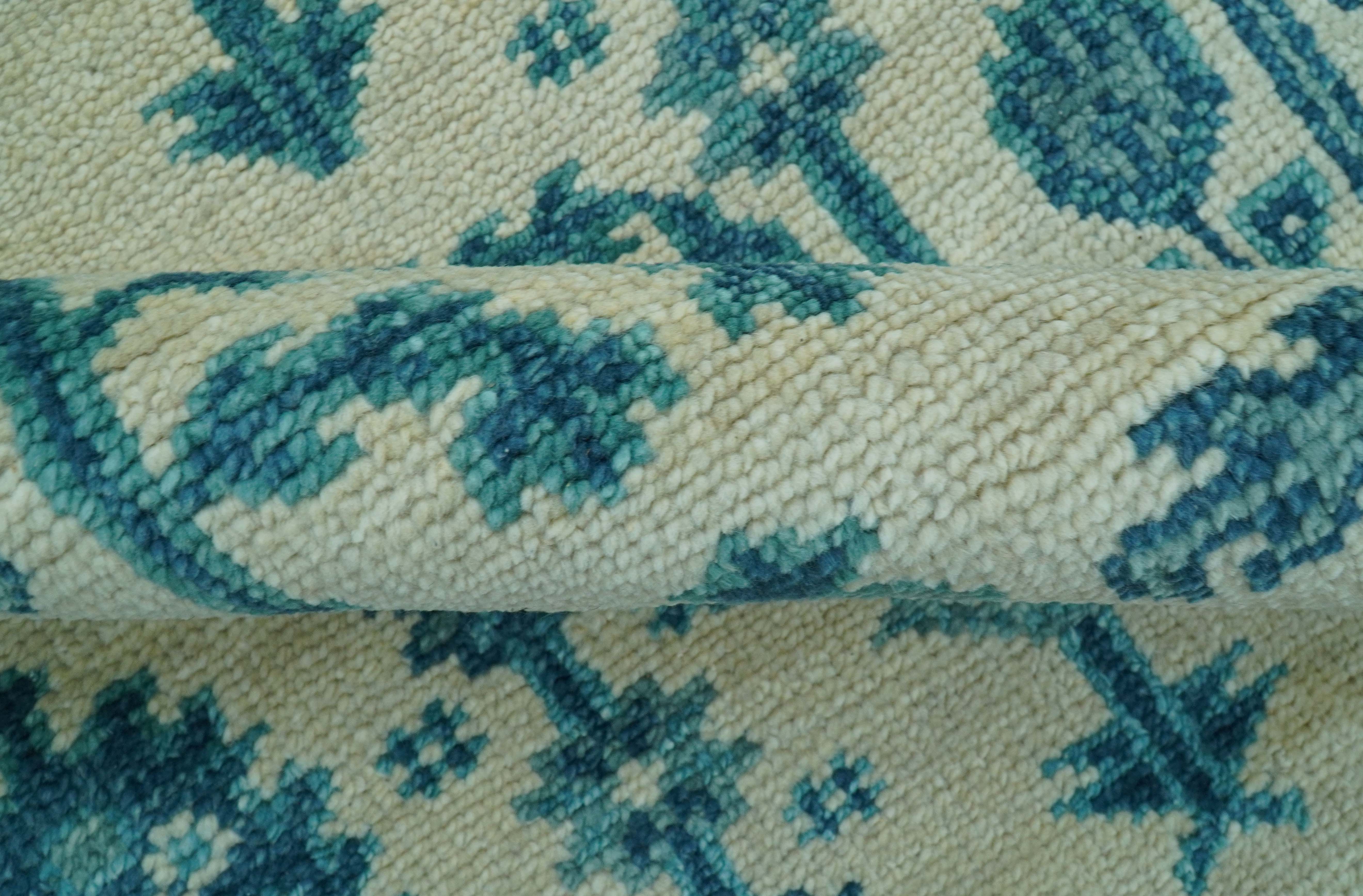 Custom Made Traditional Tree of Life Teal And Ivory Hand Knotted Wool Rug - Image 9