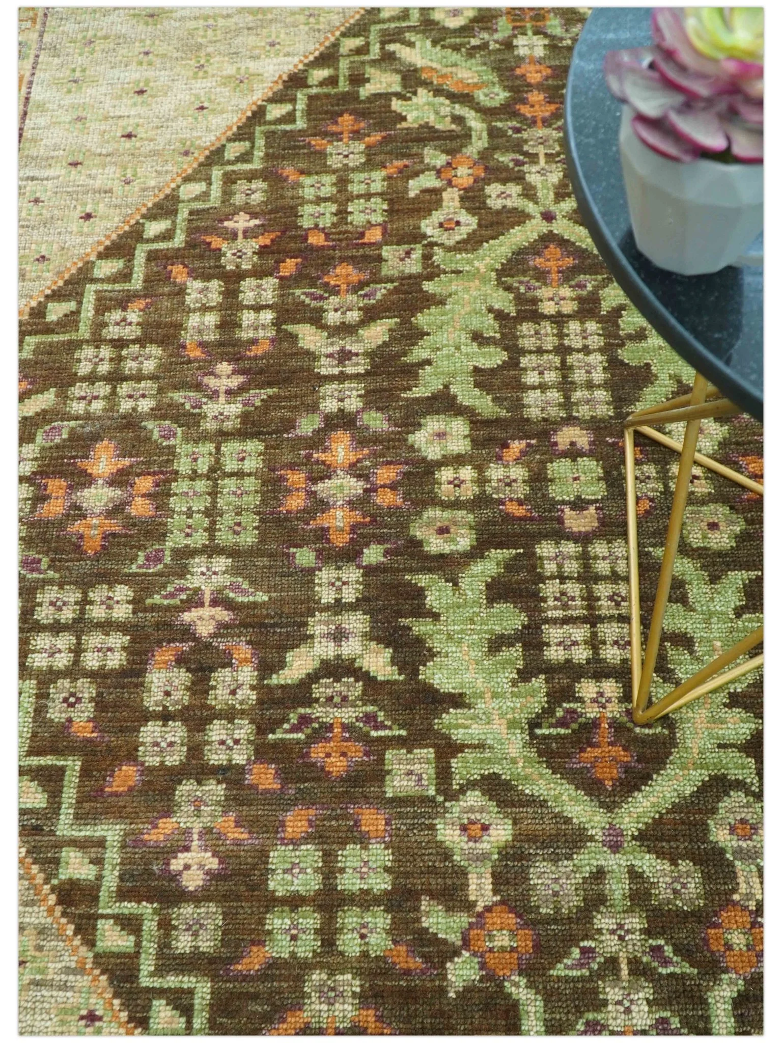 Custom Made Traditional Tribal Beige And Brown Hand Knotted wool area rug - Image 2