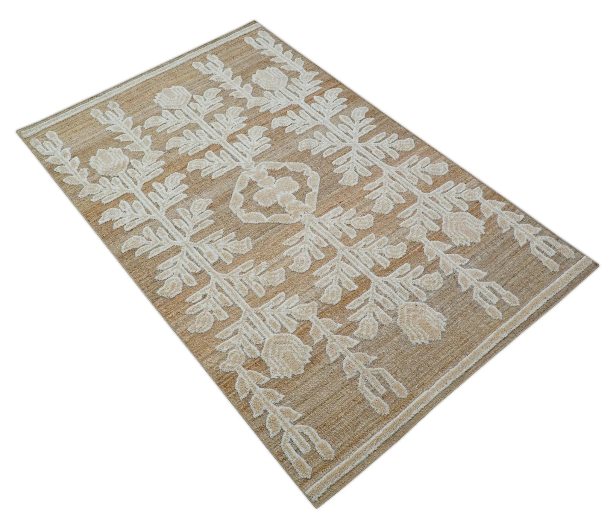 Custom Made Tribal Brown And Ivory Hand Knotted Wool and Jute Rug - Image 10