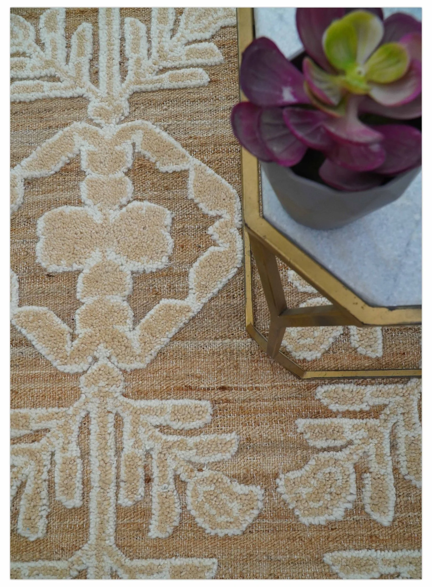 Custom Made Tribal Brown And Ivory Hand Knotted Wool and Jute Rug - Image 2