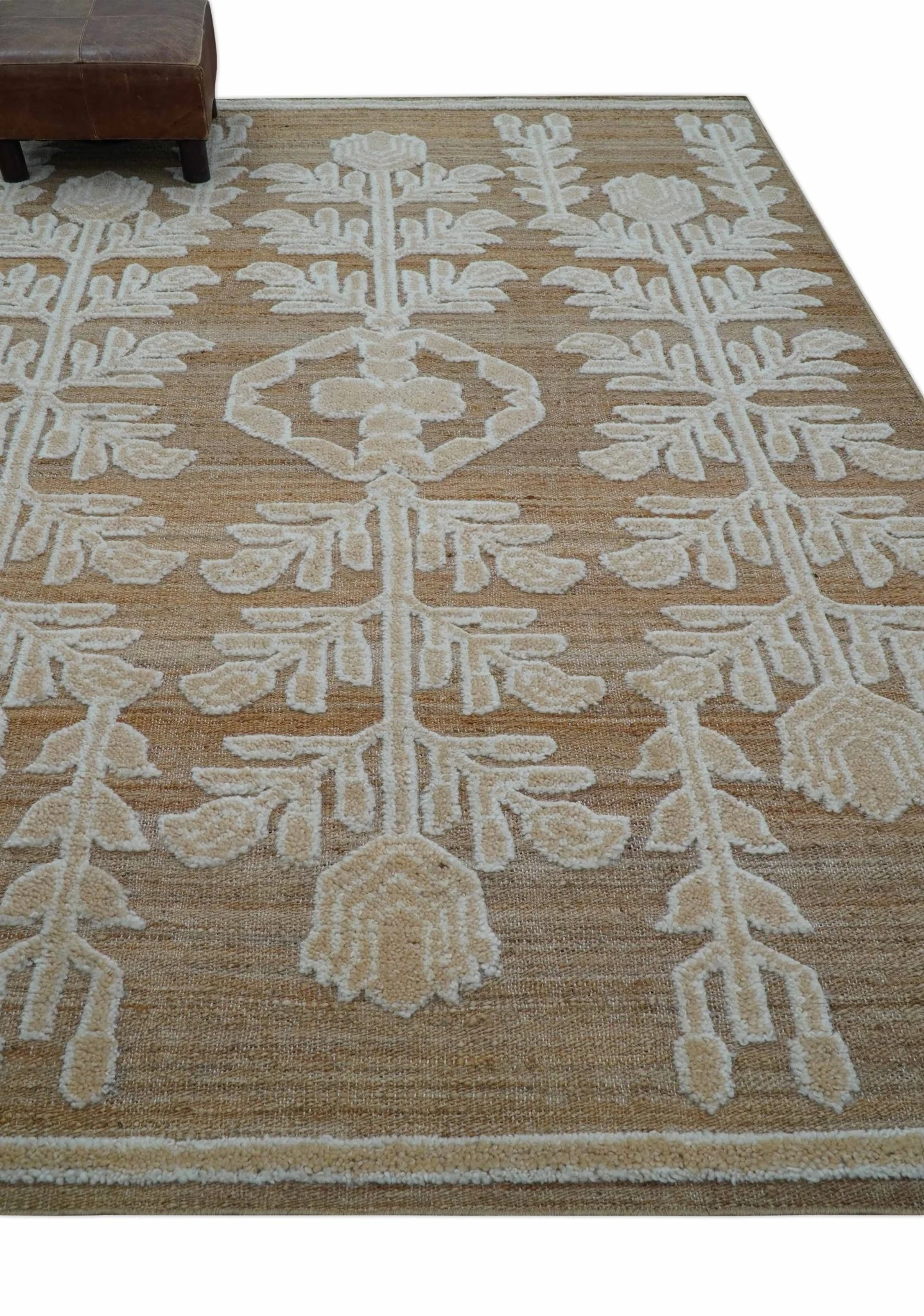 Custom Made Tribal Brown And Ivory Hand Knotted Wool and Jute Rug - Image 3