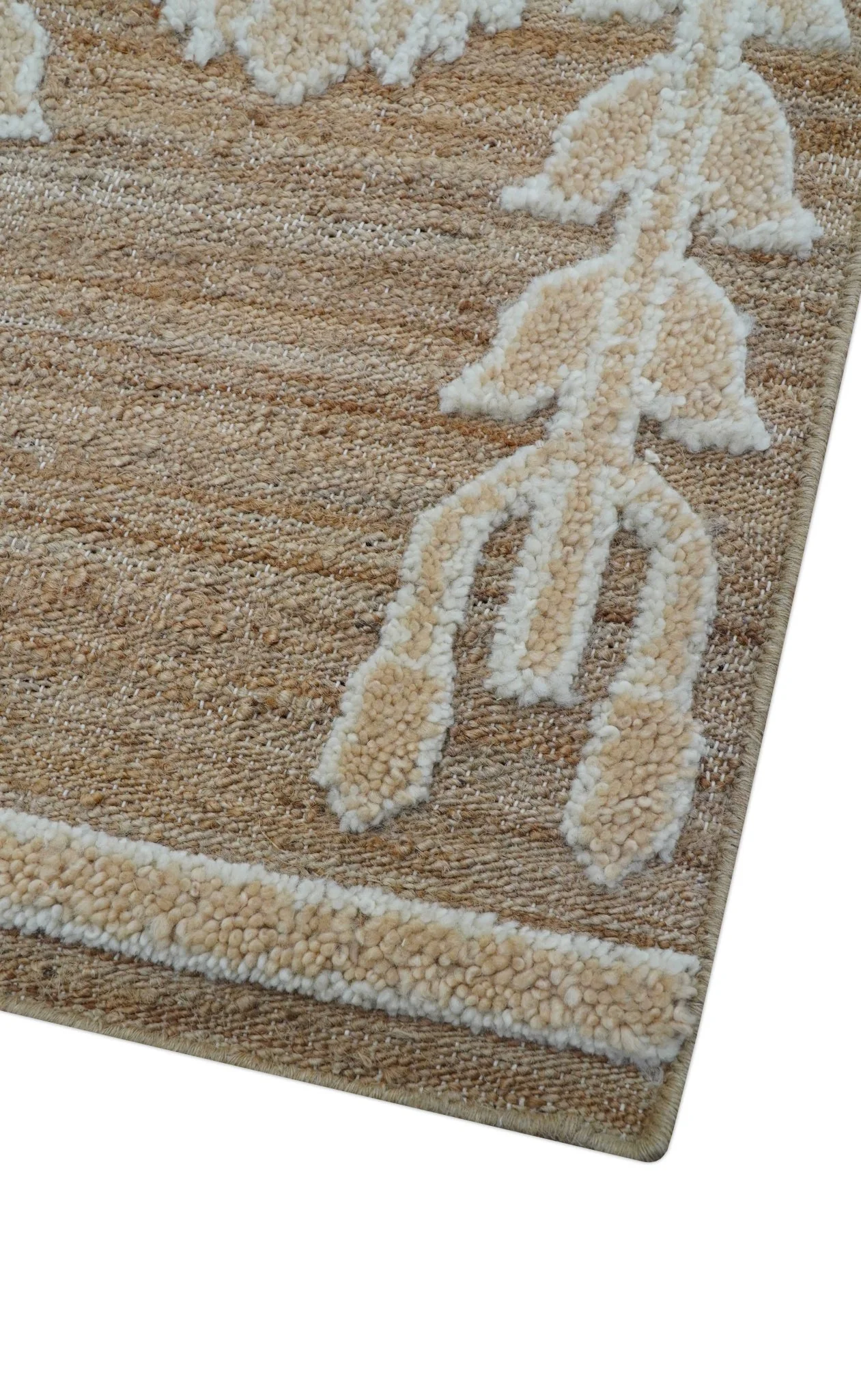 Custom Made Tribal Brown And Ivory Hand Knotted Wool and Jute Rug - Image 5