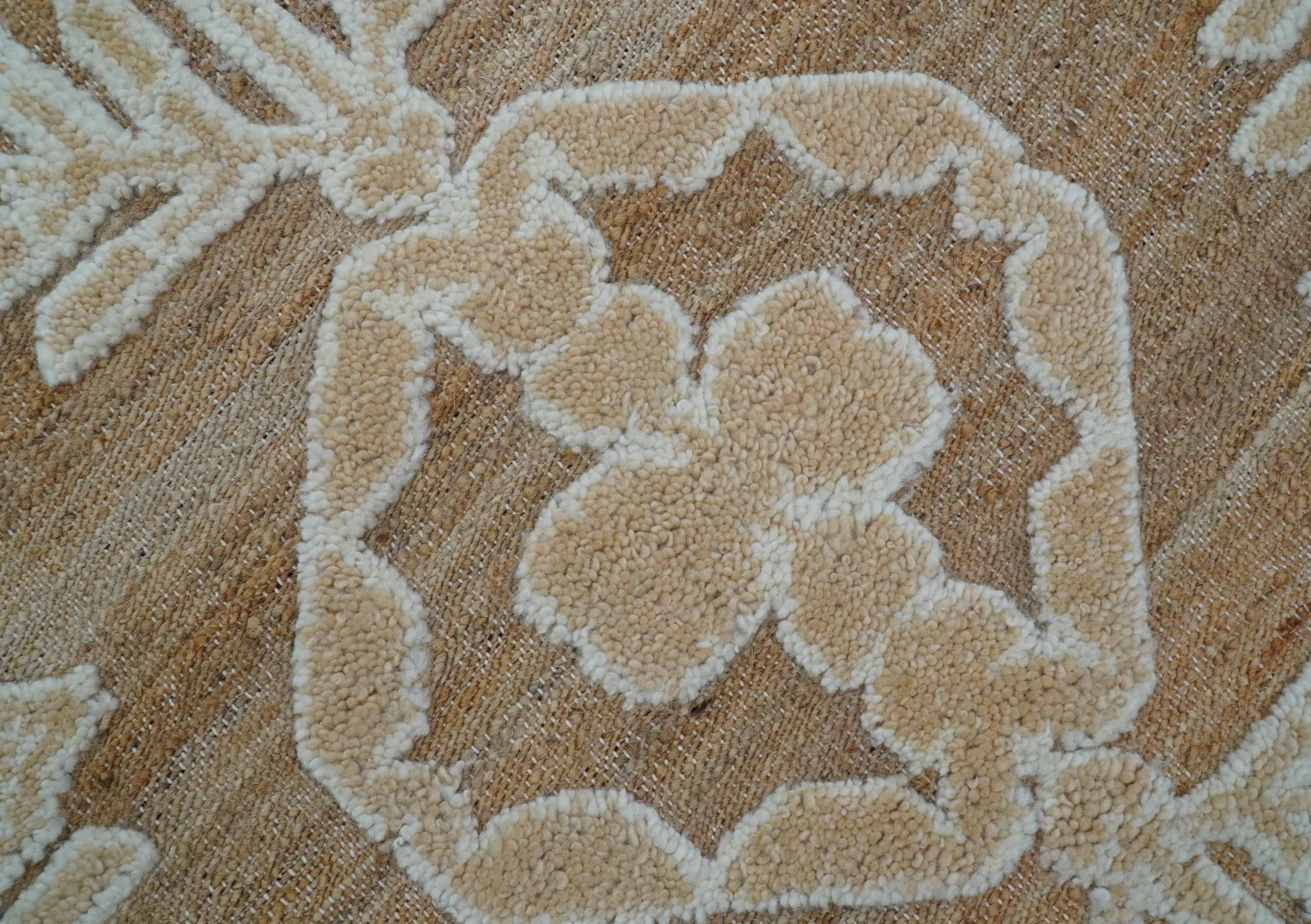 Custom Made Tribal Brown And Ivory Hand Knotted Wool and Jute Rug - Image 7