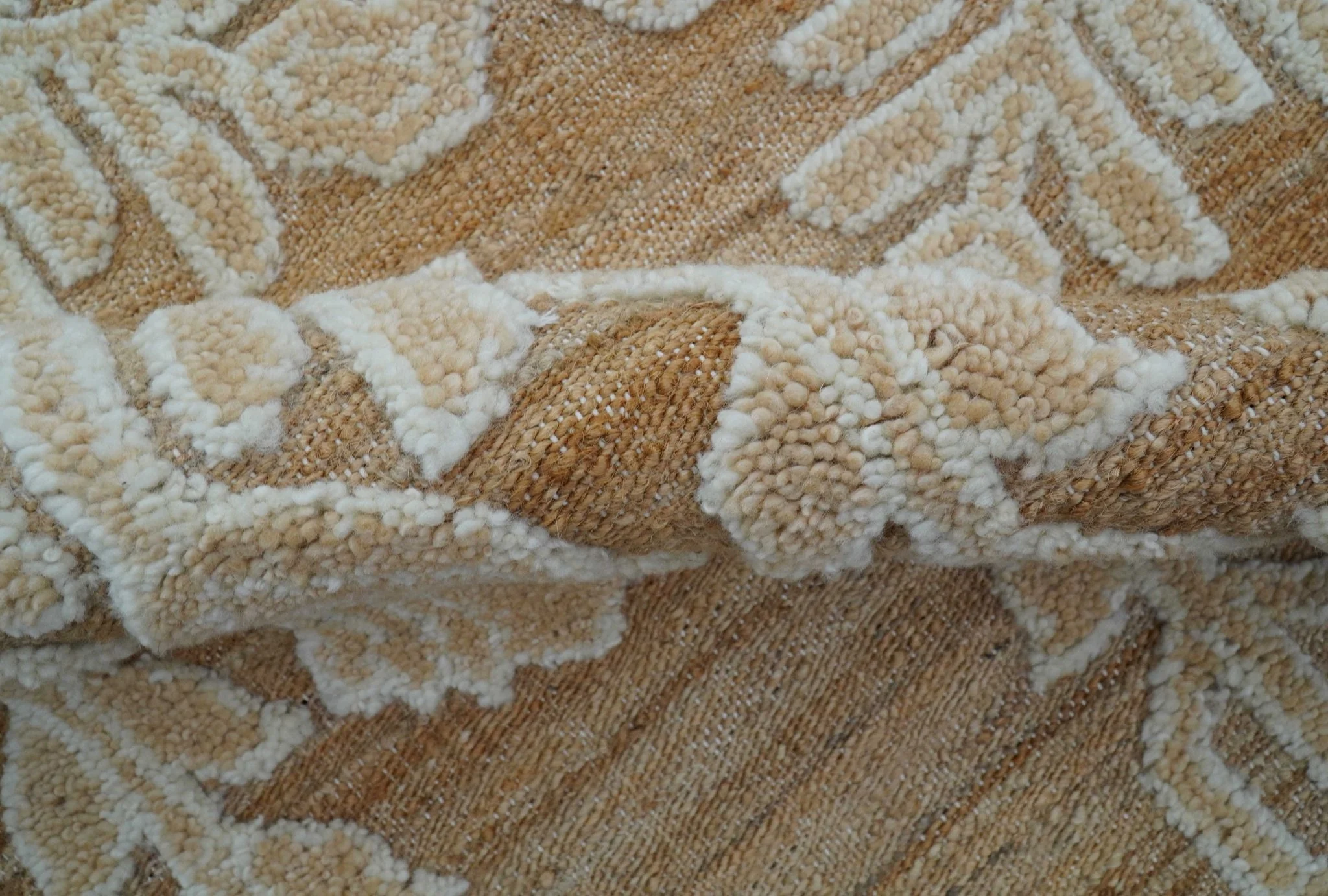 Custom Made Tribal Brown And Ivory Hand Knotted Wool and Jute Rug - Image 8