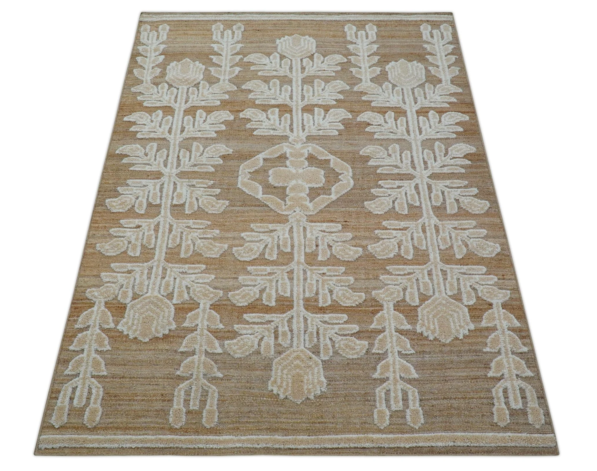 Custom Made Tribal Brown And Ivory Hand Knotted Wool and Jute Rug - Image 9