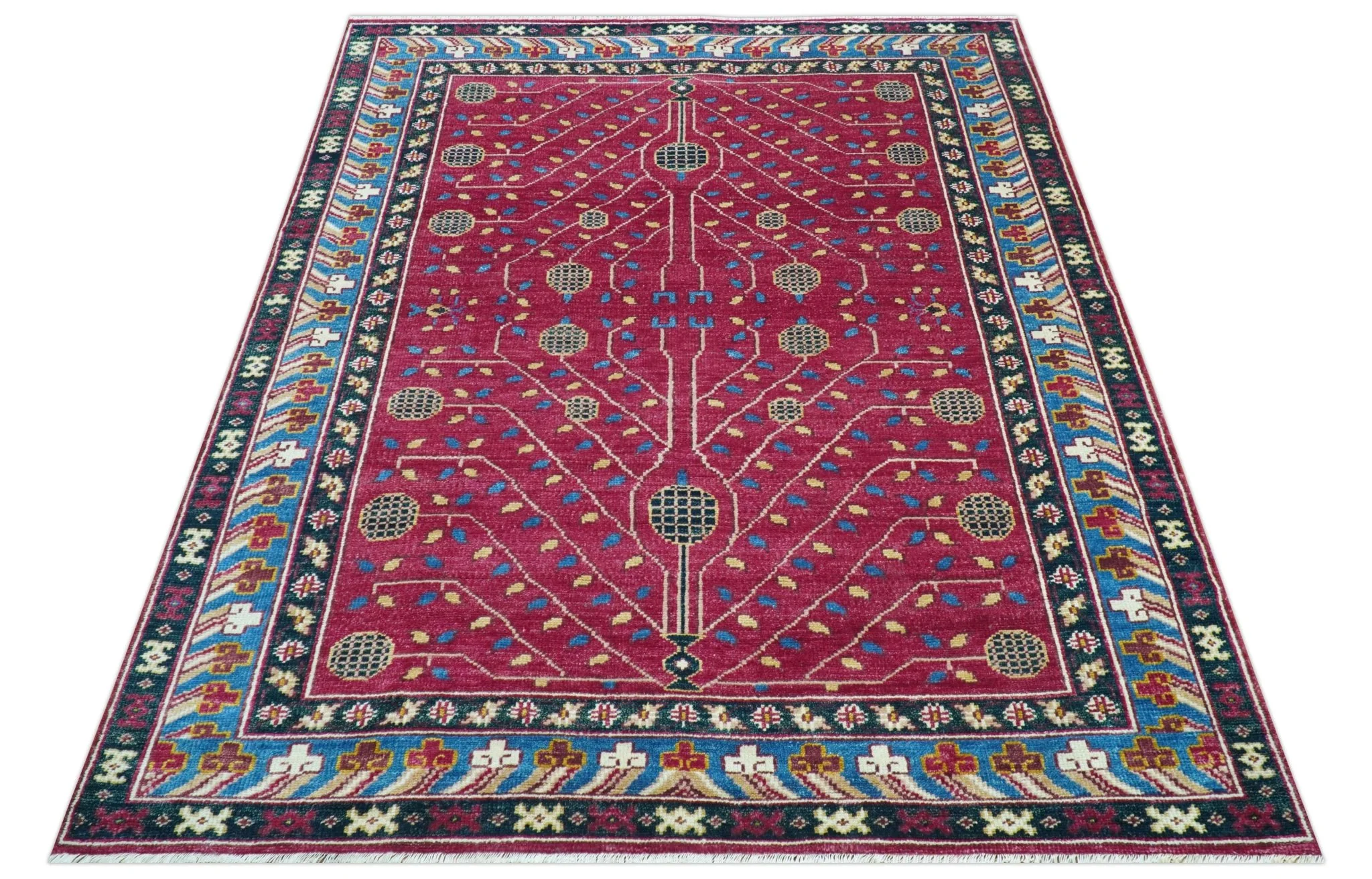 Custom Made Traditional Tribal Design Red And Blue Hand Knotted Wool Rug - Image 10