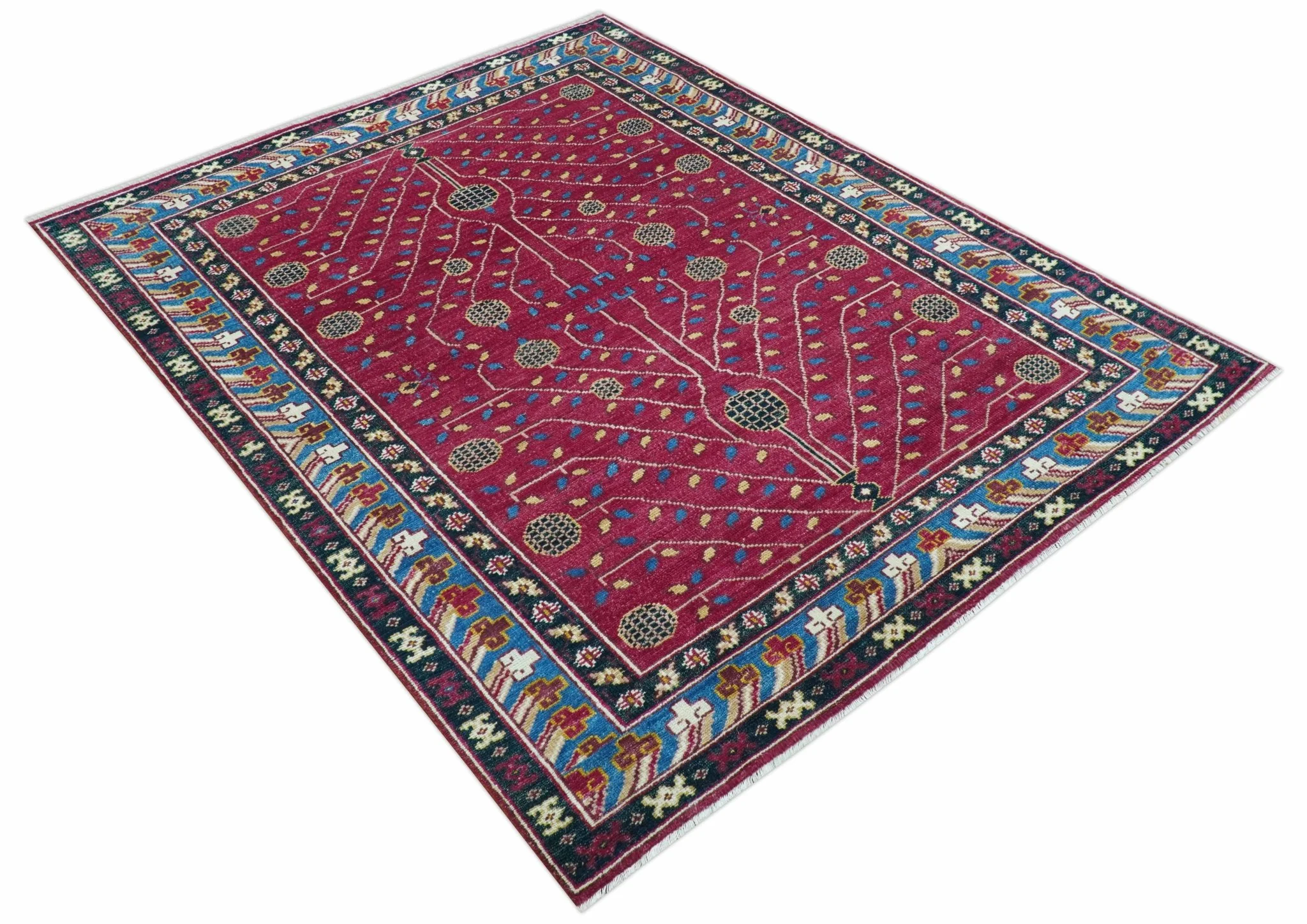Custom Made Traditional Tribal Design Red And Blue Hand Knotted Wool Rug - Image 11