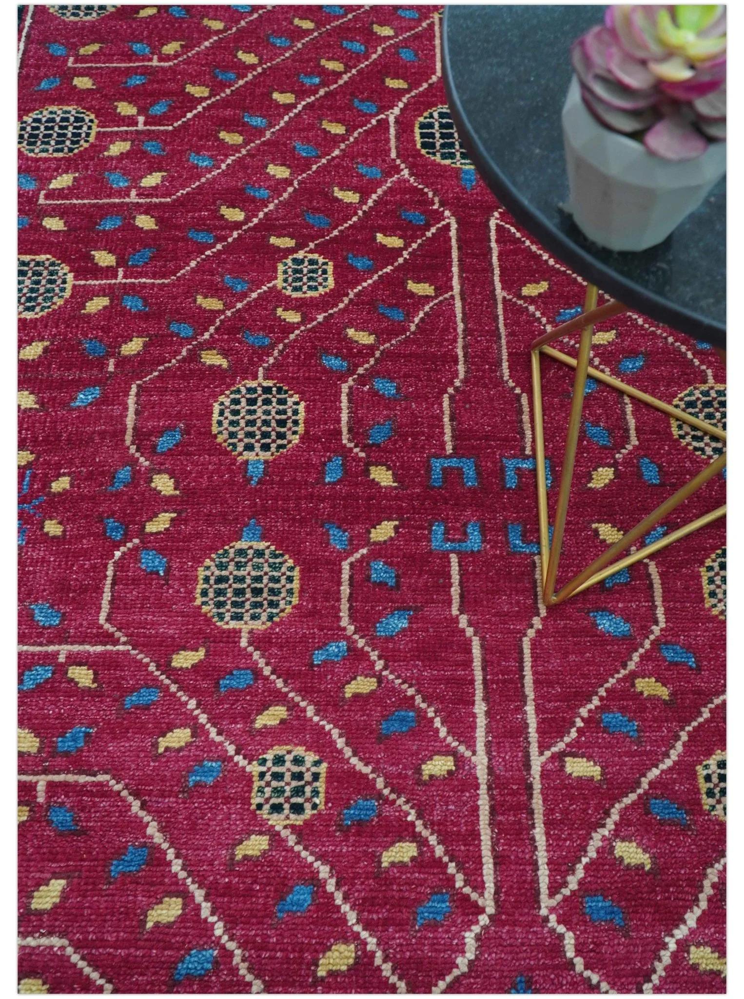 Custom Made Traditional Tribal Design Red And Blue Hand Knotted Wool Rug - Image 3