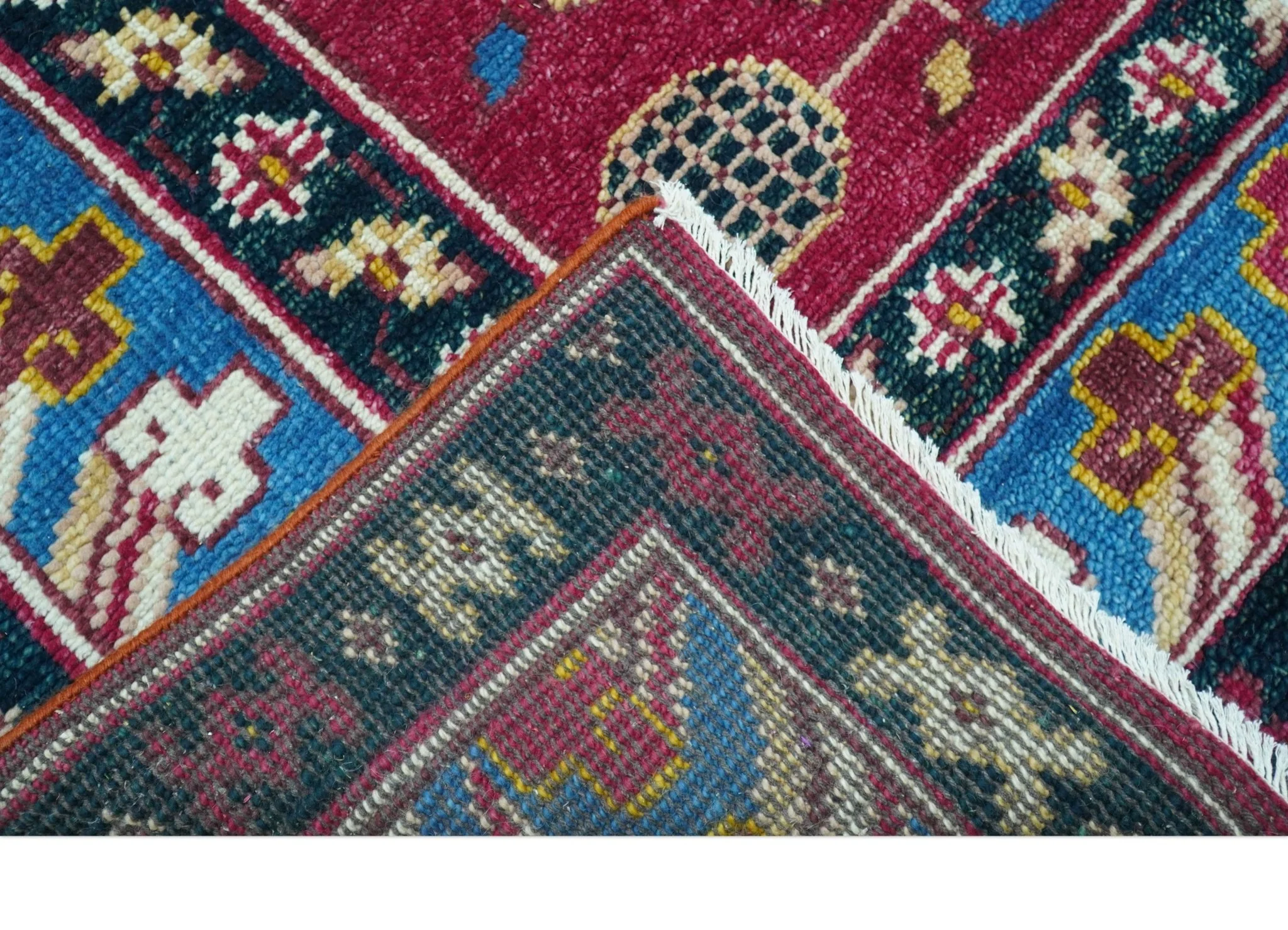 Custom Made Traditional Tribal Design Red And Blue Hand Knotted Wool Rug - Image 4