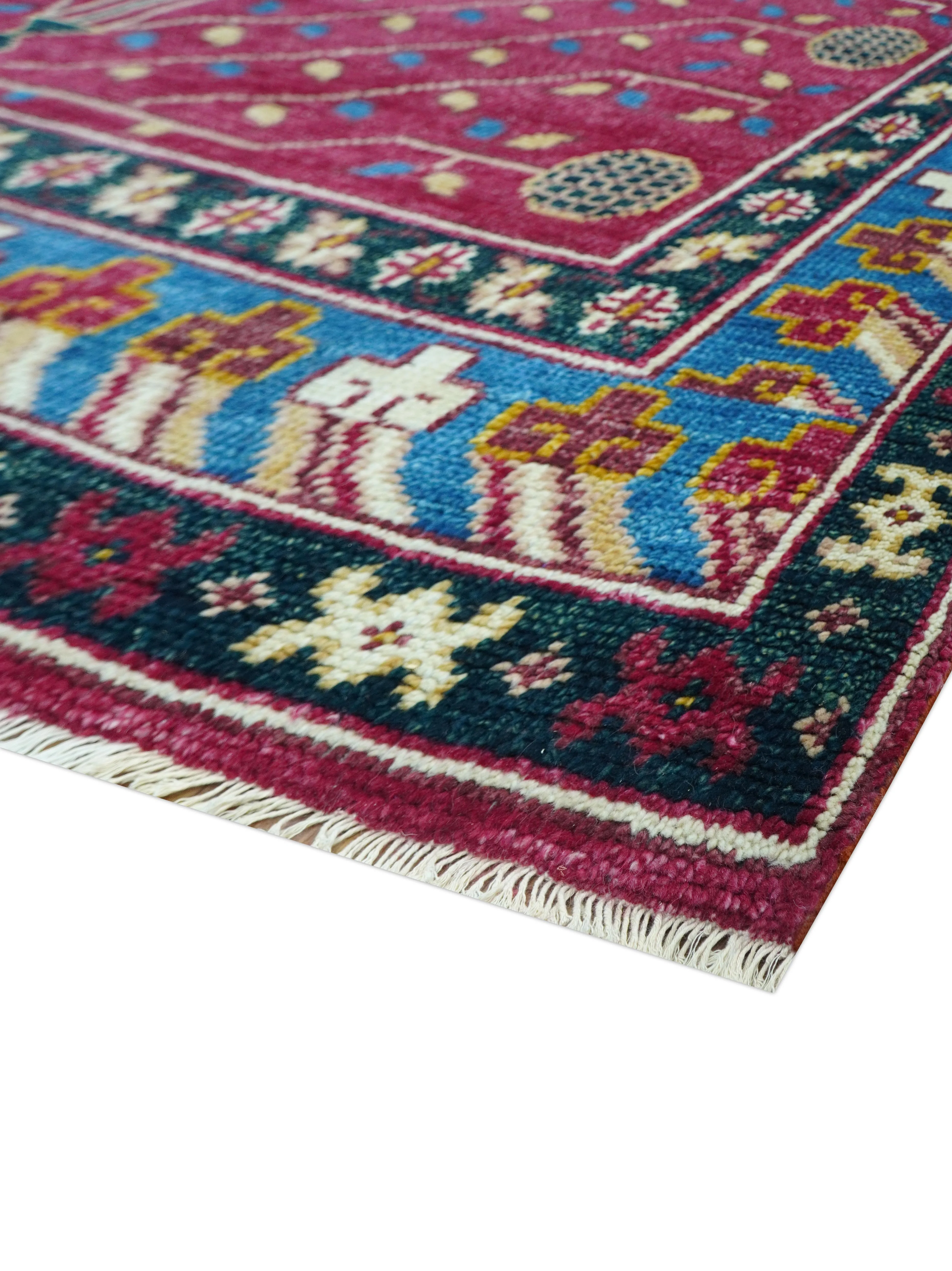Custom Made Traditional Tribal Design Red And Blue Hand Knotted Wool Rug - Image 5