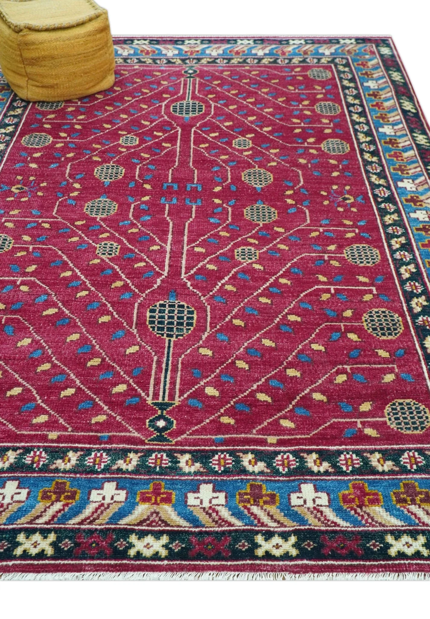 Custom Made Traditional Tribal Design Red And Blue Hand Knotted Wool Rug - Image 9