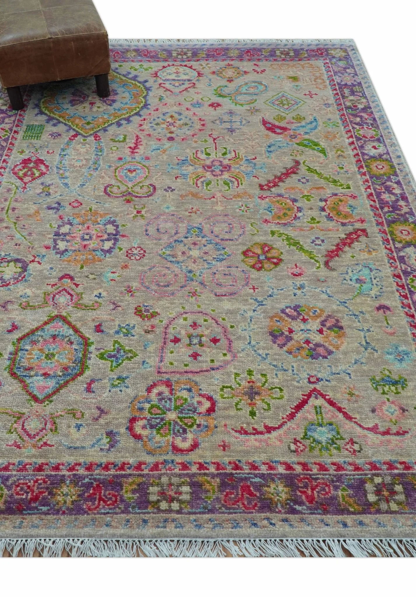 Terra Custom Made Traditional Tribal Design Beige And Pink Hand Knotted Wool Rug - Image 10