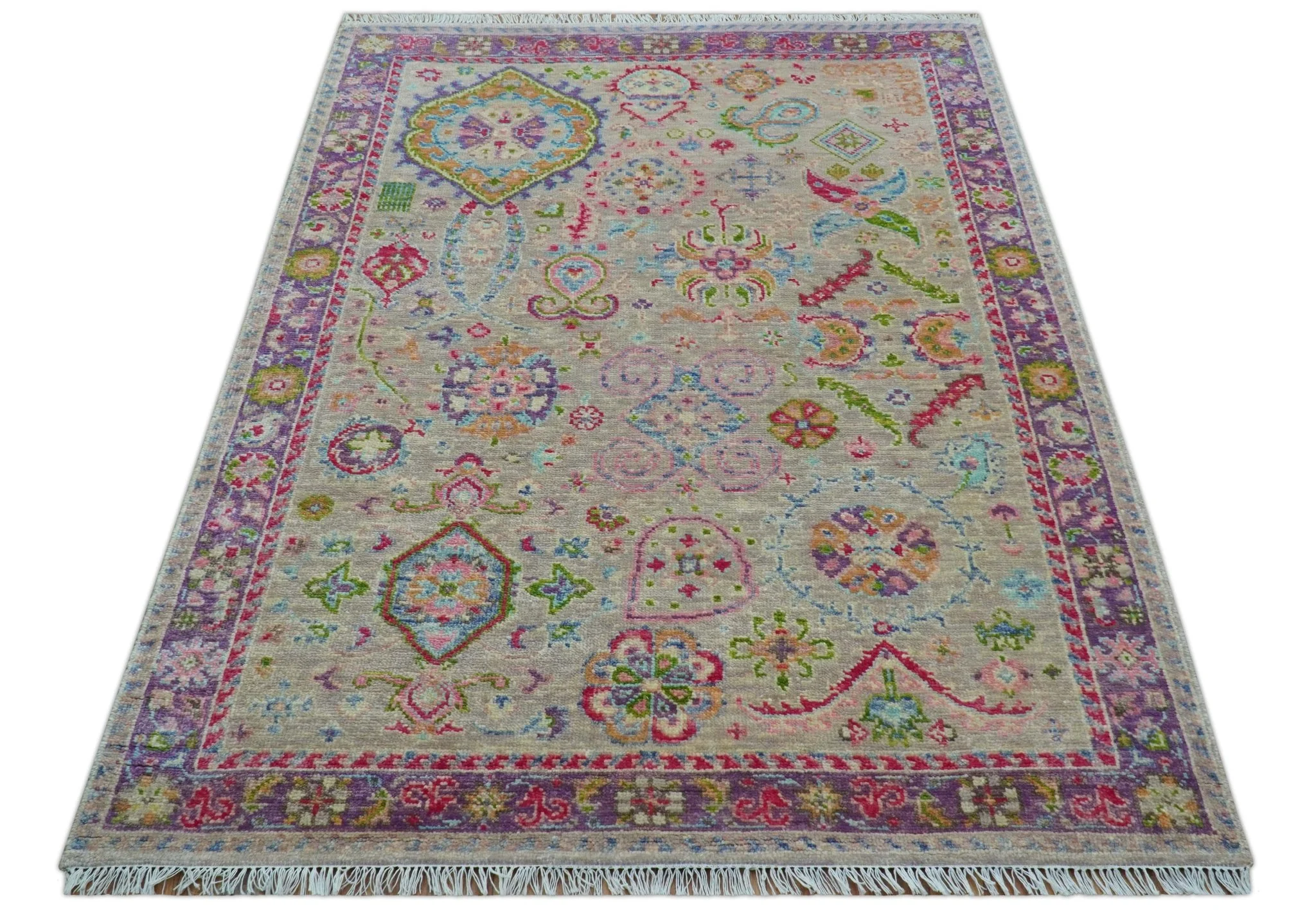 Terra Custom Made Traditional Tribal Design Beige And Pink Hand Knotted Wool Rug - Image 2