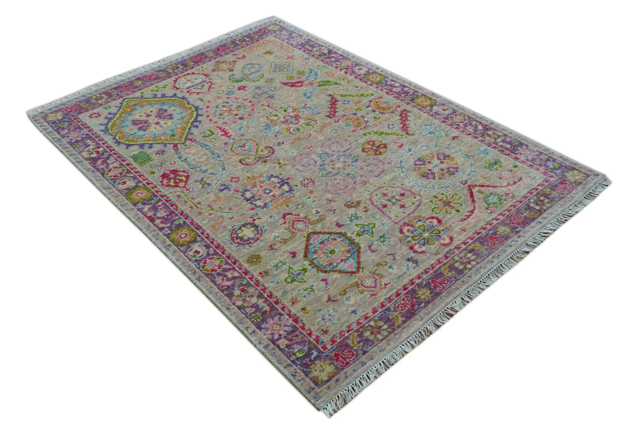 Terra Custom Made Traditional Tribal Design Beige And Pink Hand Knotted Wool Rug - Image 3