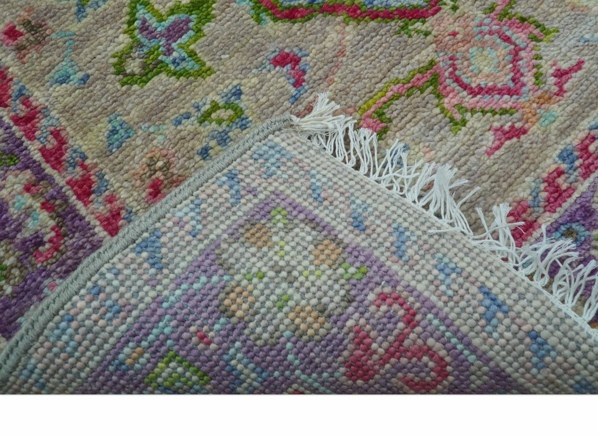 Terra Custom Made Traditional Tribal Design Beige And Pink Hand Knotted Wool Rug - Image 4