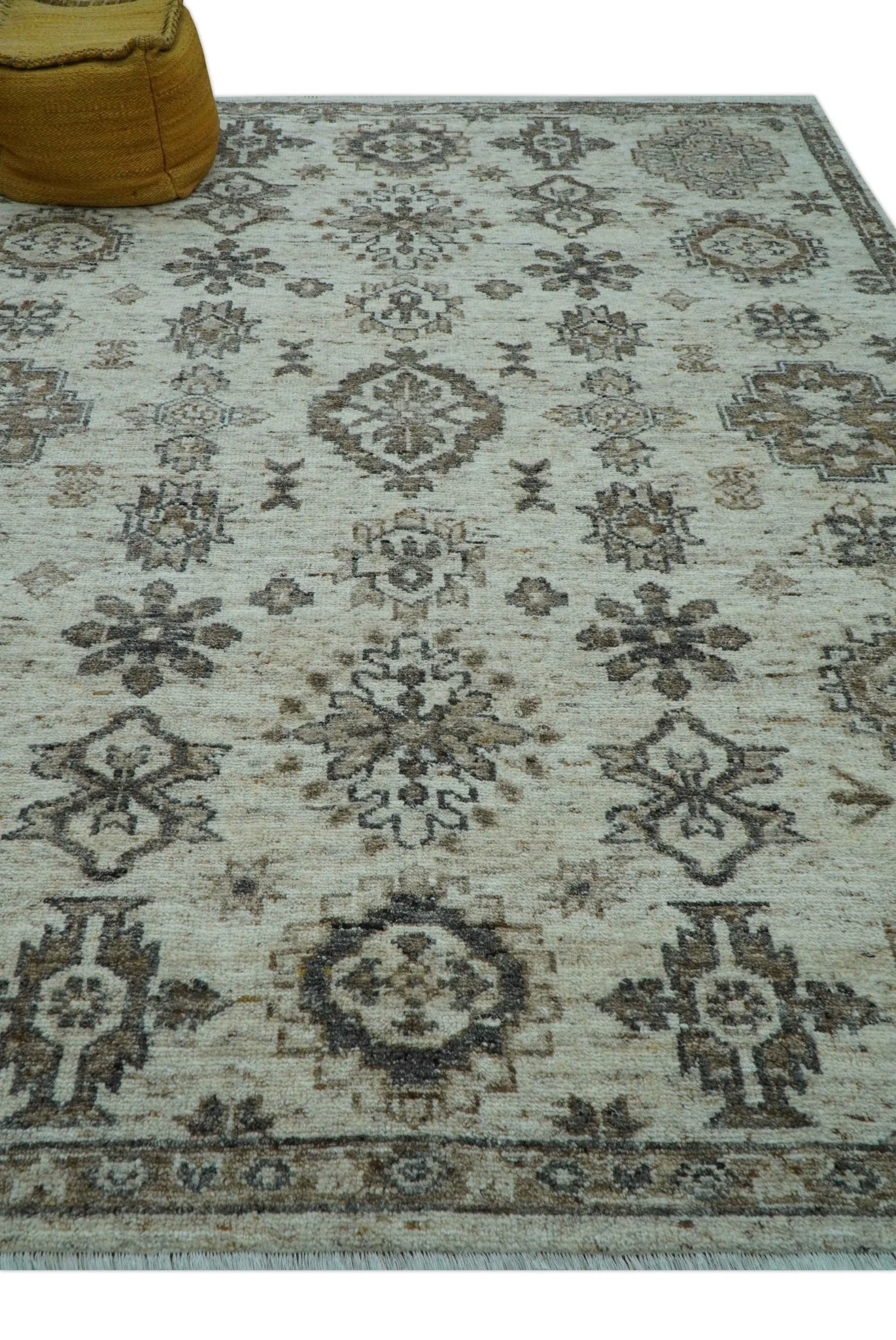 Custom Made Traditional Turkish Design Beige Hand Knotted Natural Wool Area Rug - Image 4