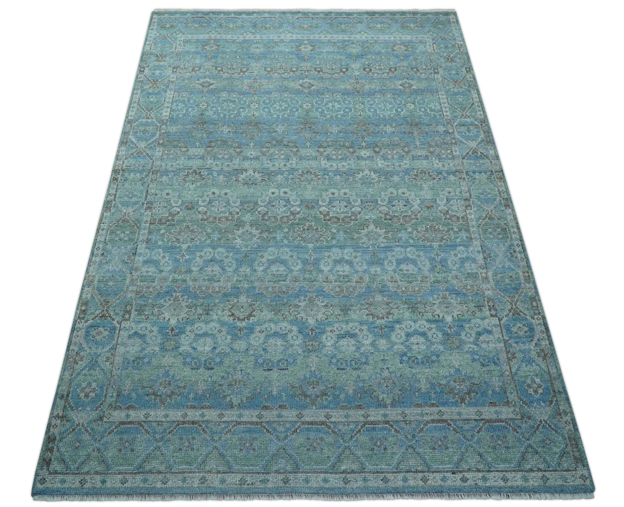 Custom Made Turkish Design Blue And Gray Hand Knotted Afghan Wool Area Rug - Image 11