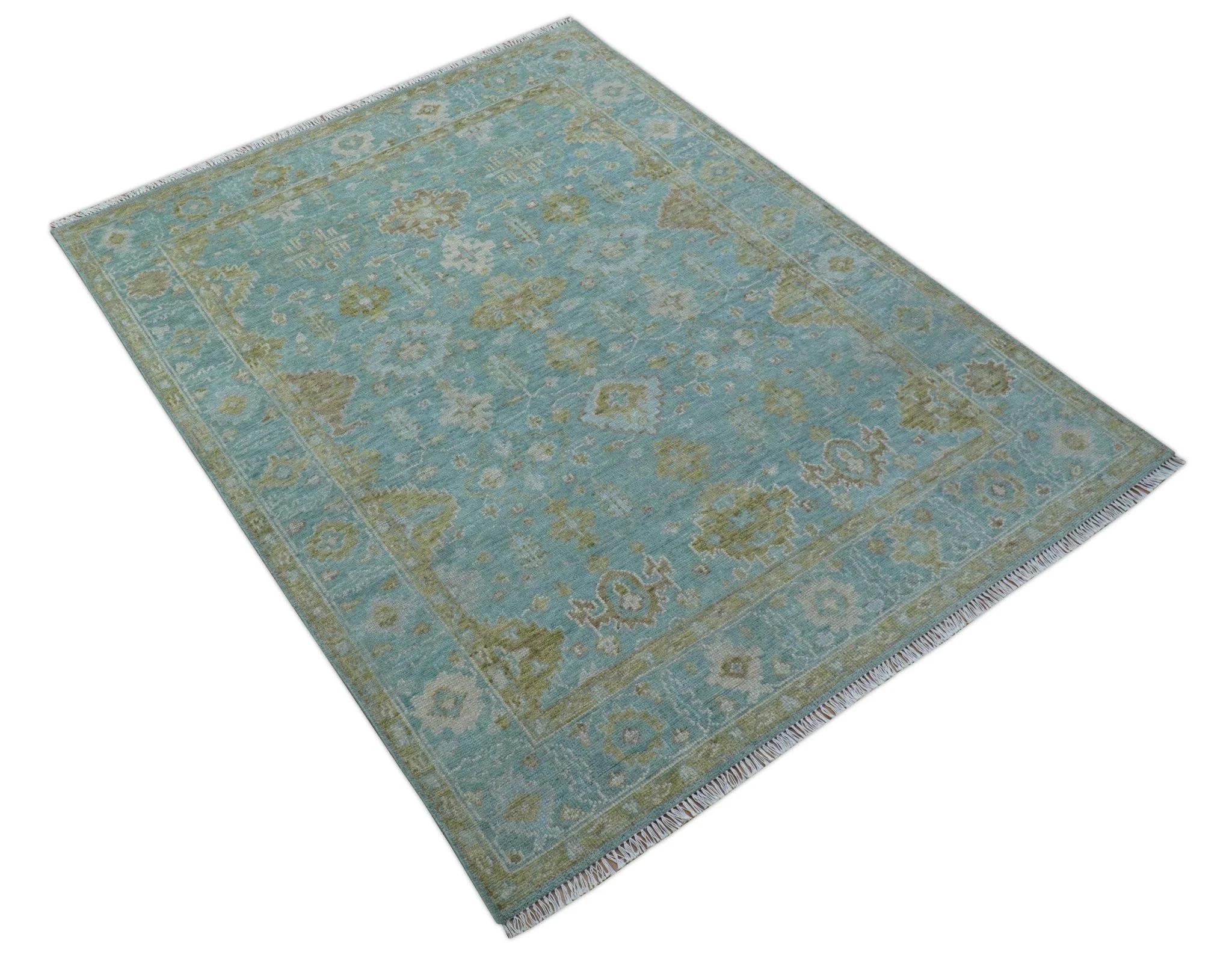 Custom Made Traditional Turkish Blue And Green Hand Knotted Wool Rug - Image 10