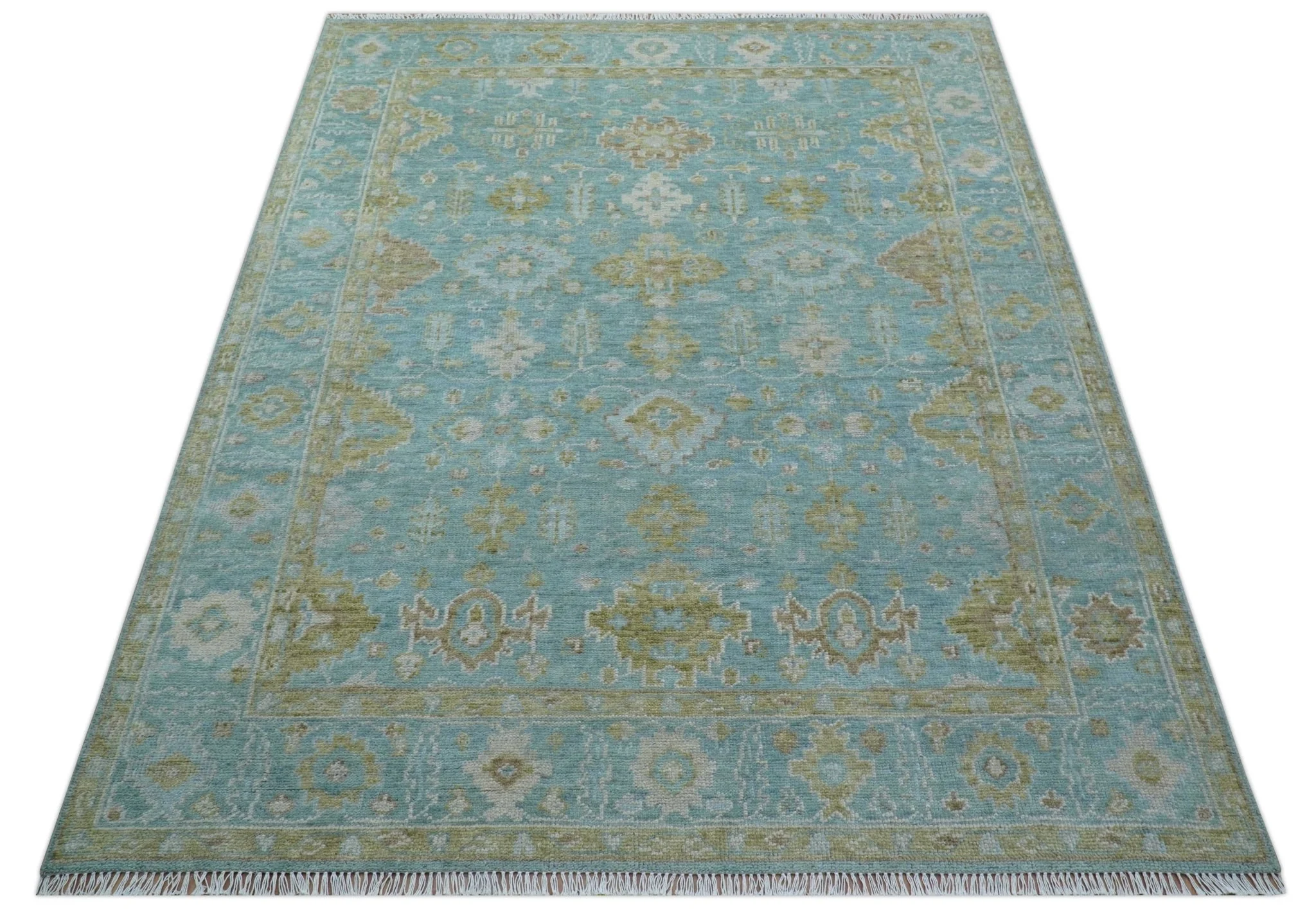 Custom Made Traditional Turkish Blue And Green Hand Knotted Wool Rug - Image 11