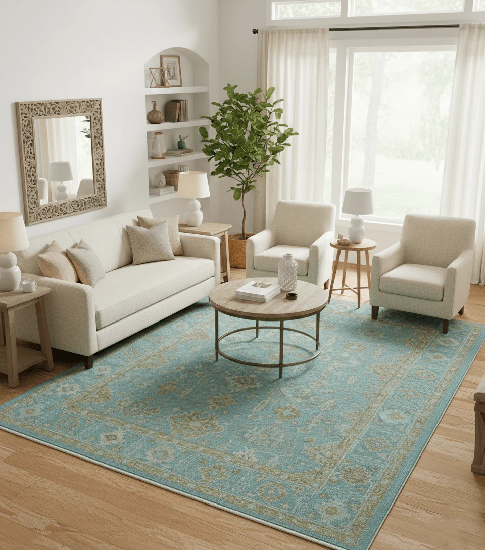 Custom Made Traditional Turkish Blue And Green Hand Knotted Wool Rug - Image 2