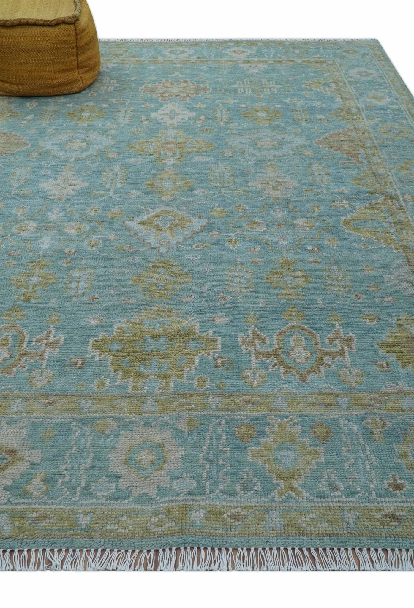 Custom Made Traditional Turkish Blue And Green Hand Knotted Wool Rug - Image 3