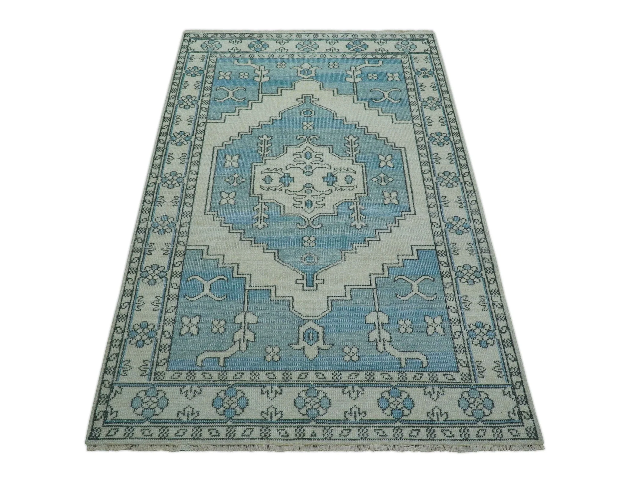 Custom Made Traditional Turkish Blue And Ivory Hand Knotted Wool Area Rug - Image 10