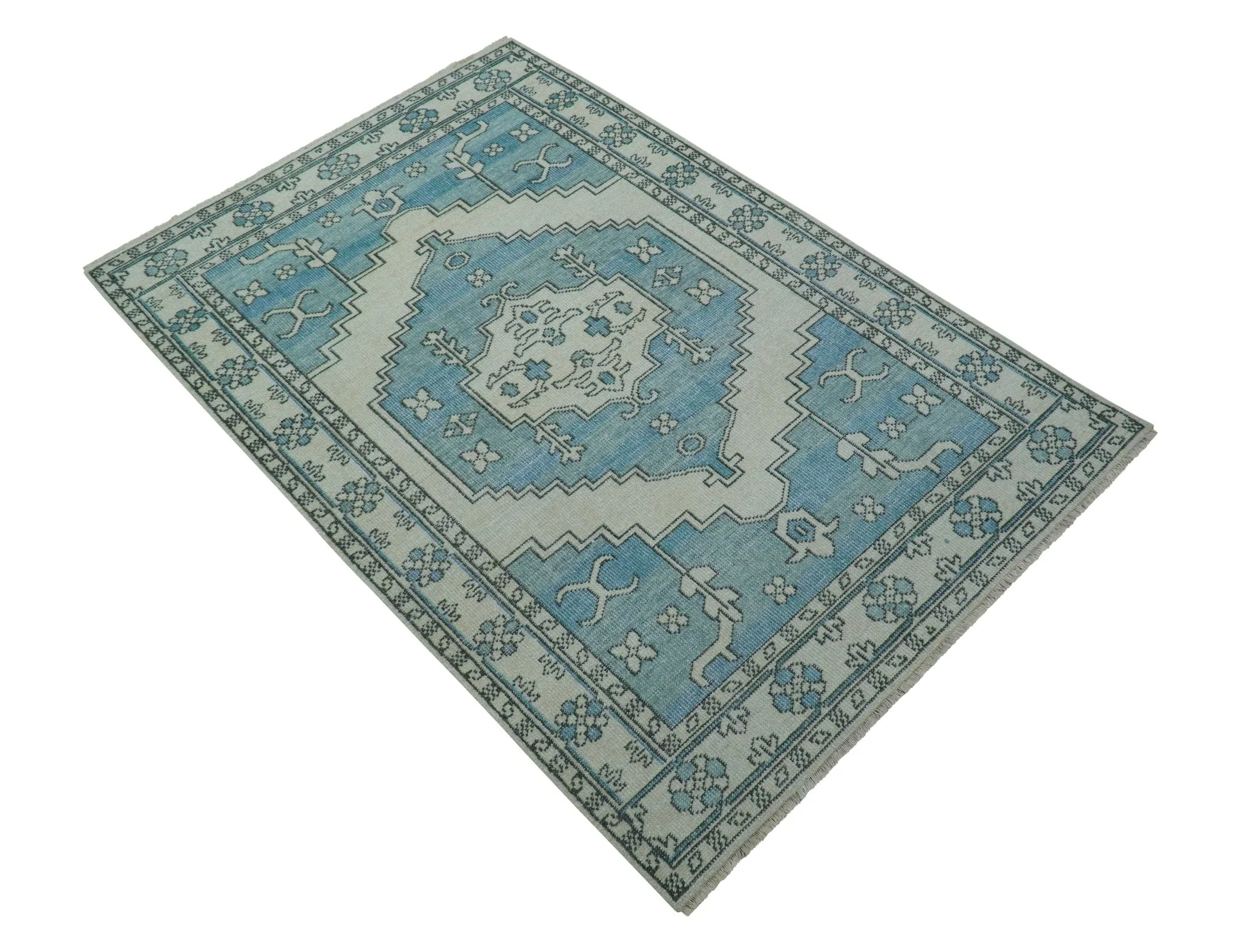 Custom Made Traditional Turkish Blue And Ivory Hand Knotted Wool Area Rug - Image 11