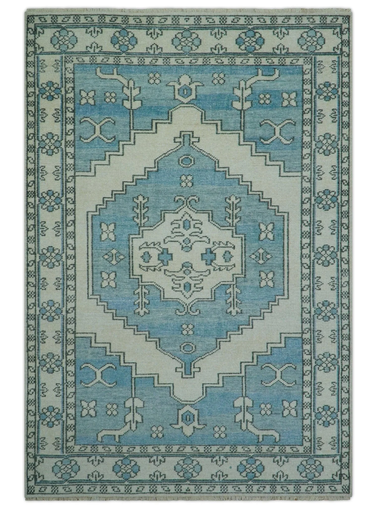 Custom Made Traditional Turkish Blue And Ivory Hand Knotted Wool Area Rug - Image 2