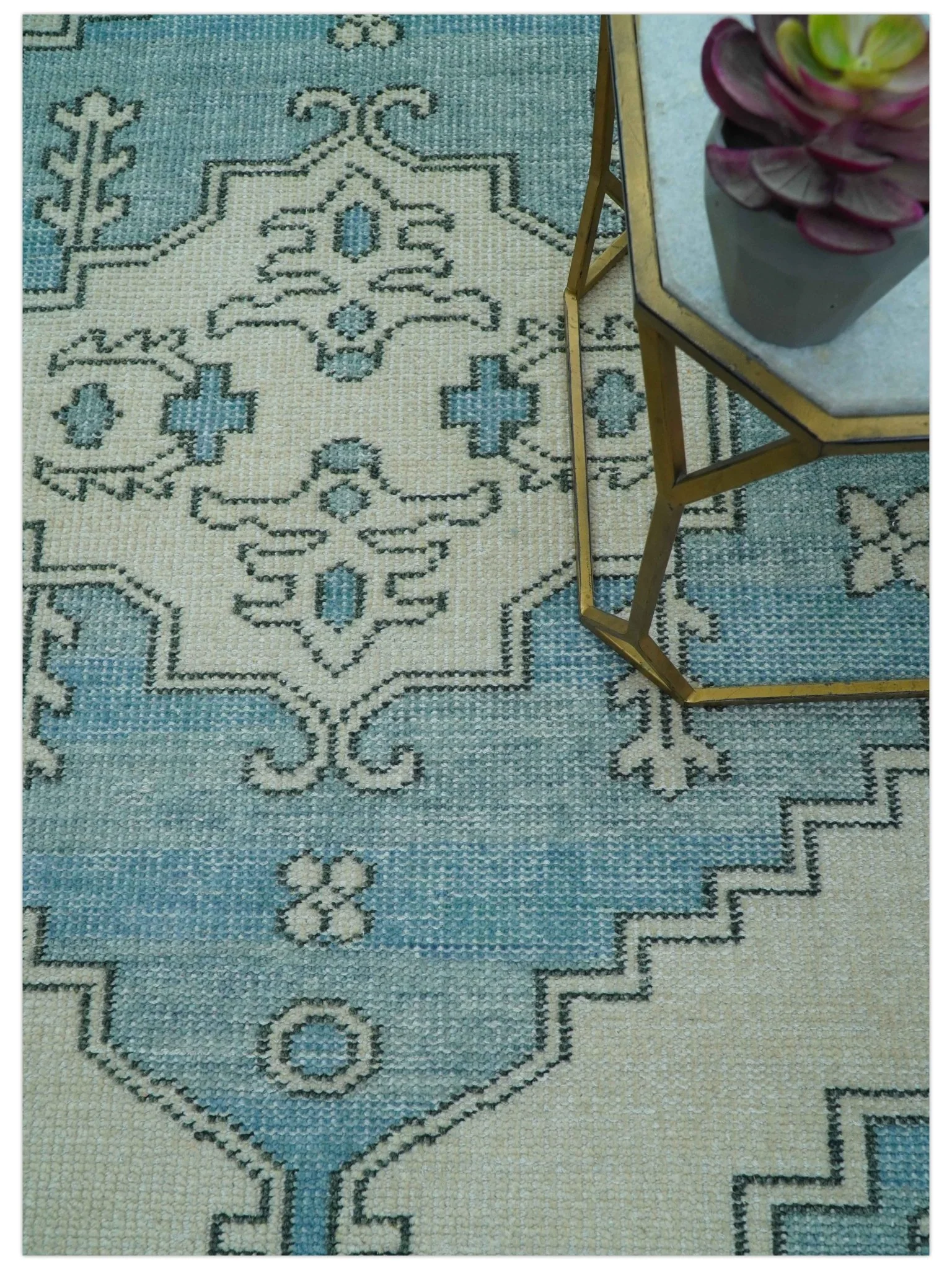 Custom Made Traditional Turkish Blue And Ivory Hand Knotted Wool Area Rug - Image 9