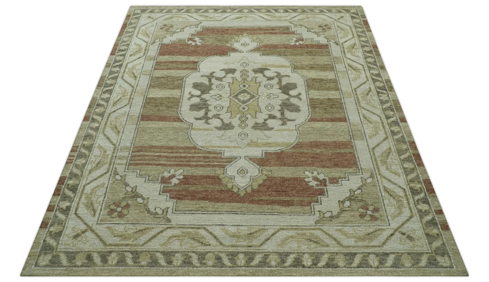 Custom Made Traditional Turkish Design Beige And Rust Hand knotted Wool Area Rug - Image 10
