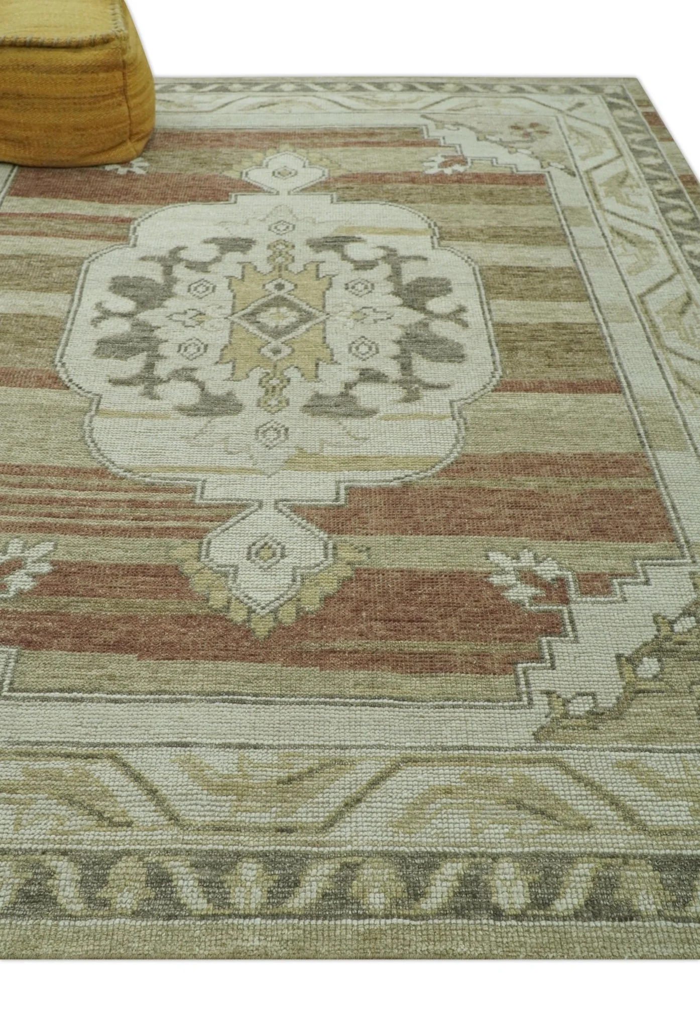 Custom Made Traditional Turkish Design Beige And Rust Hand knotted Wool Area Rug - Image 8