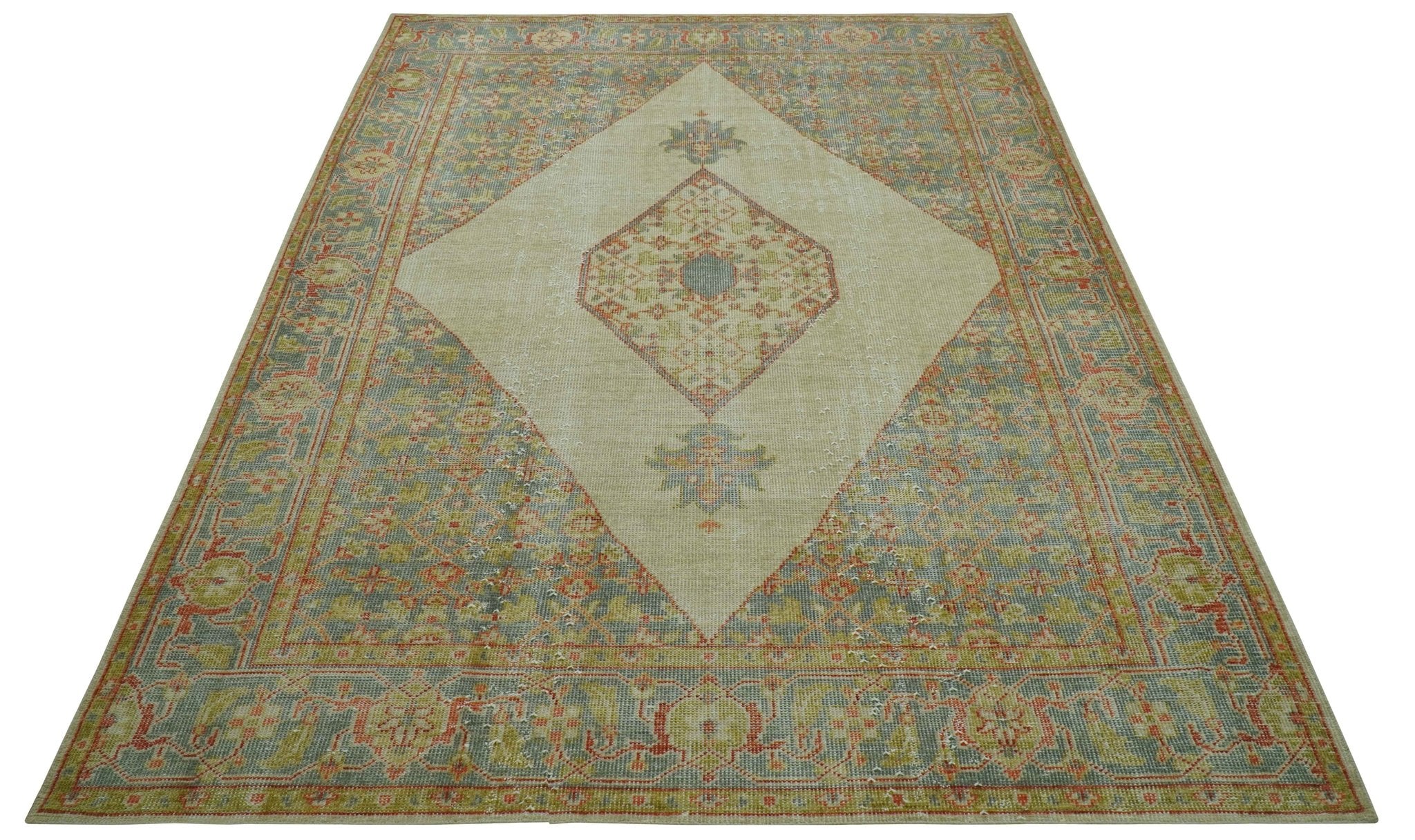 Custom Made Turkish Design Beige and Blue Hand Knotted Wool Rug - Image 10