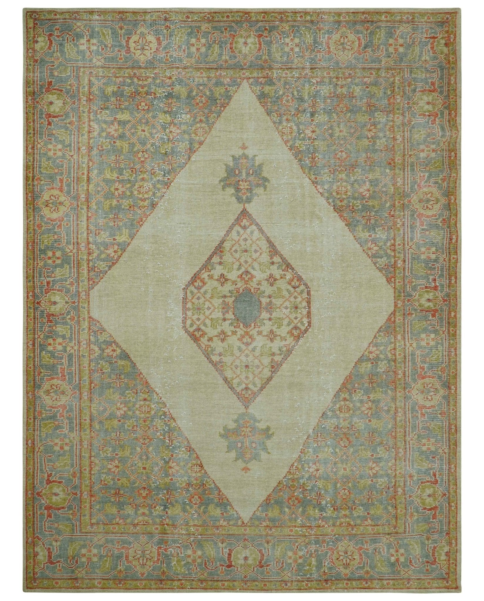 Custom Made Turkish Design Beige and Blue Hand Knotted Wool Rug - Image 2